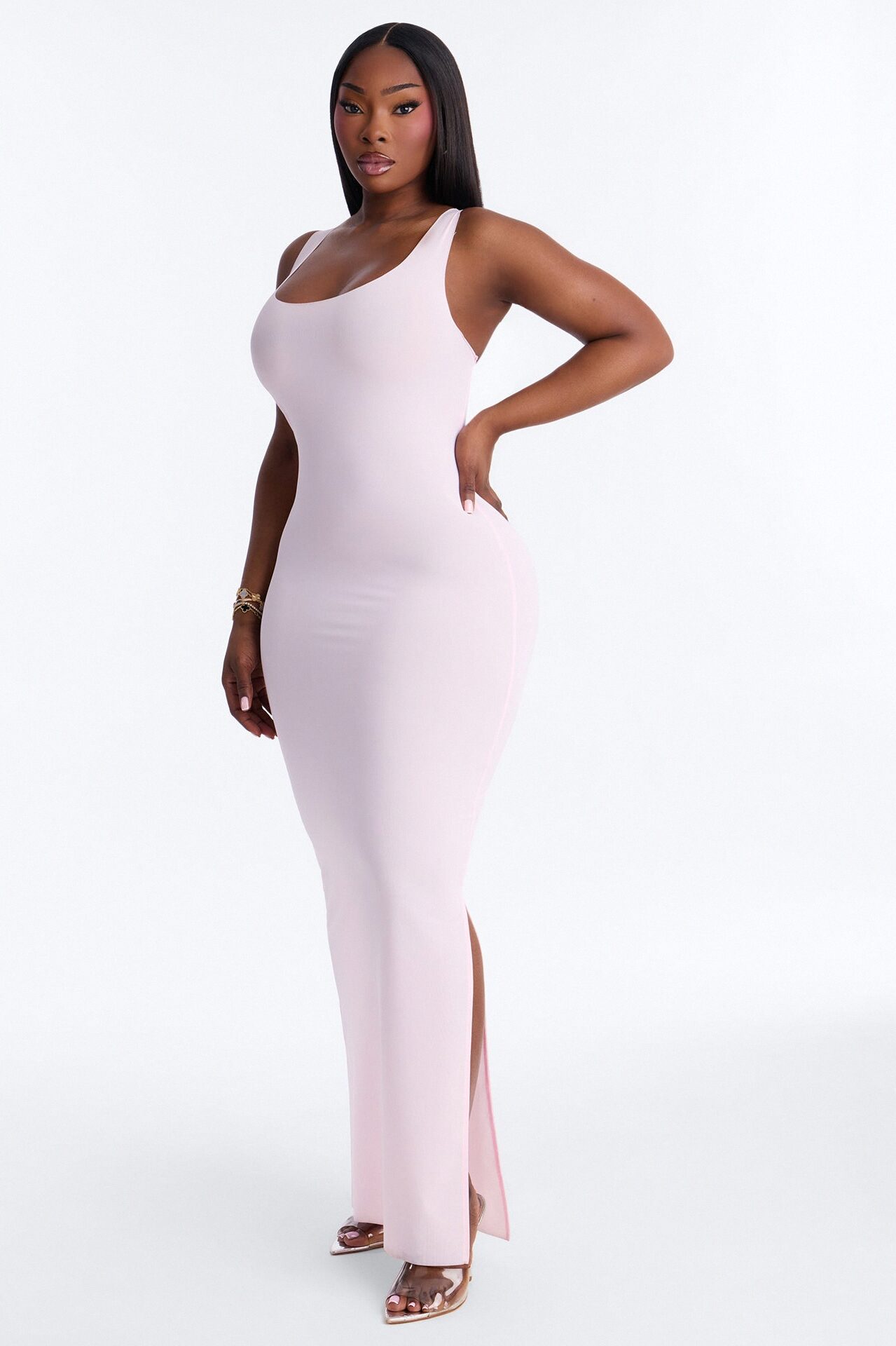 Power Mesh Low Scoop Back Sleeveless Maxi Dress - Light Pink