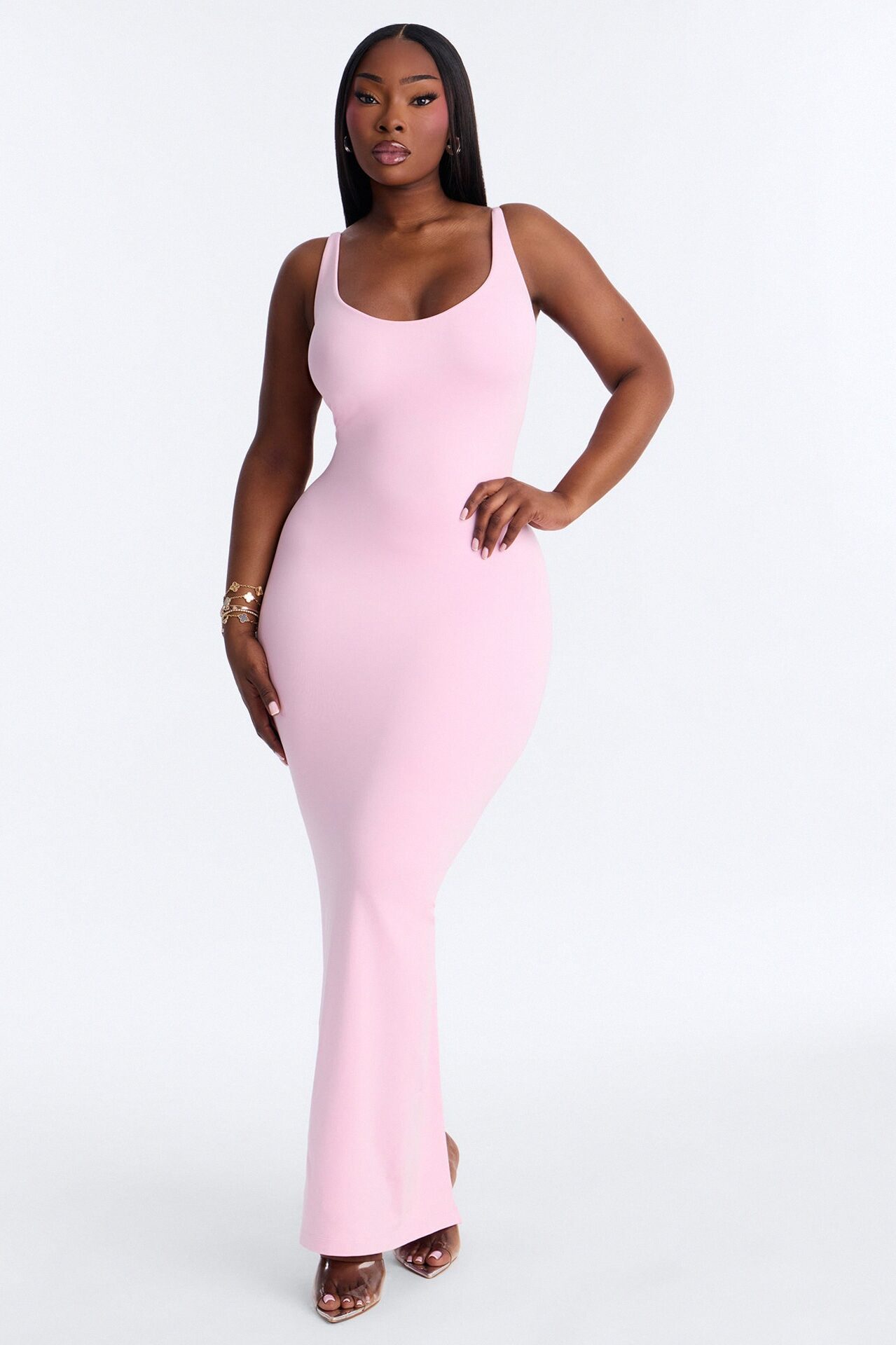 Seamless Smooth Double Lined Scoop Neck Maxi Dress - Light Pink