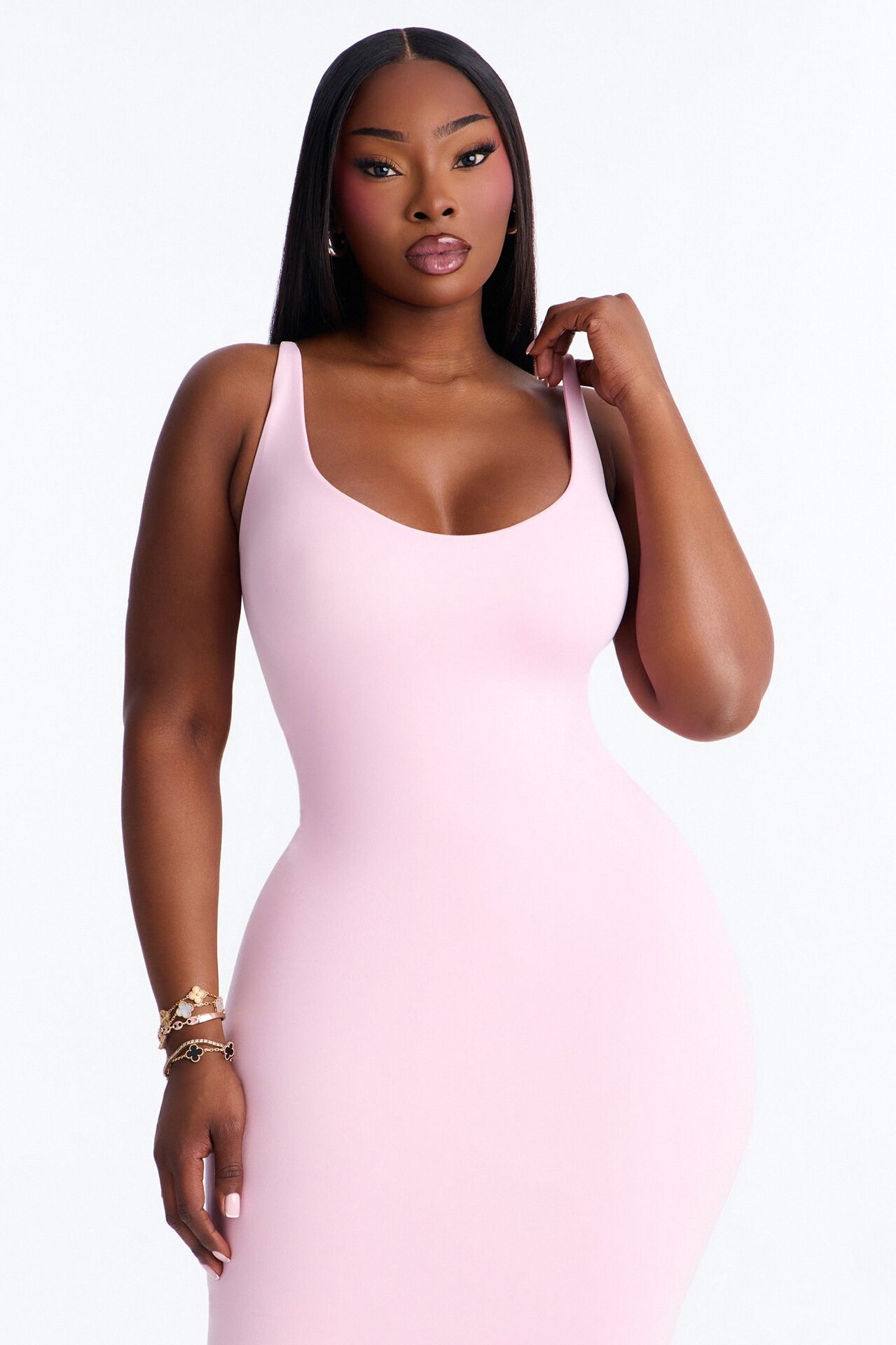 Seamless Smooth Double Lined Scoop Neck Maxi Dress - Light Pink