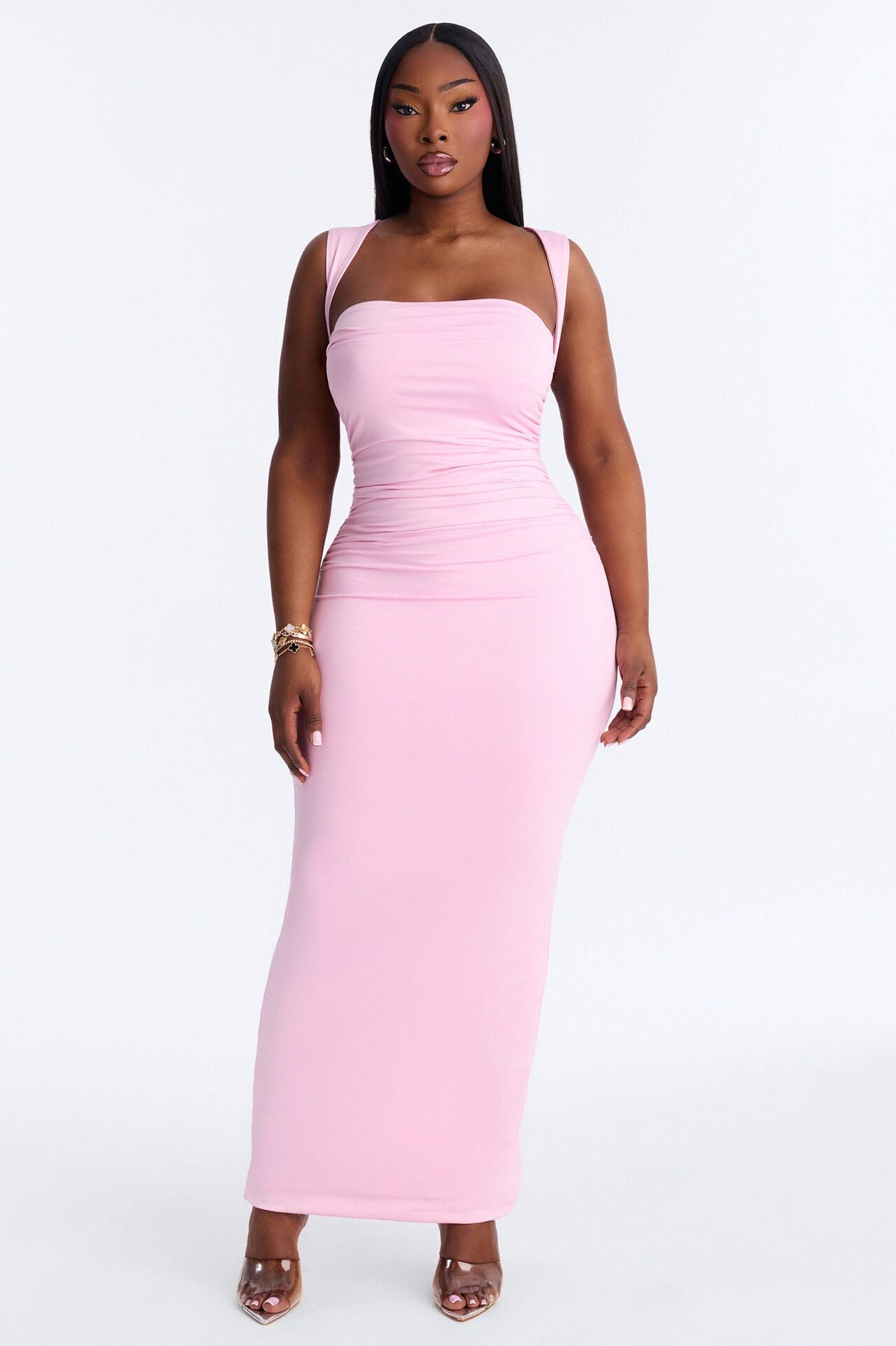 Contour Double Lined Straight Neck Maxi Dress - Light Pink
