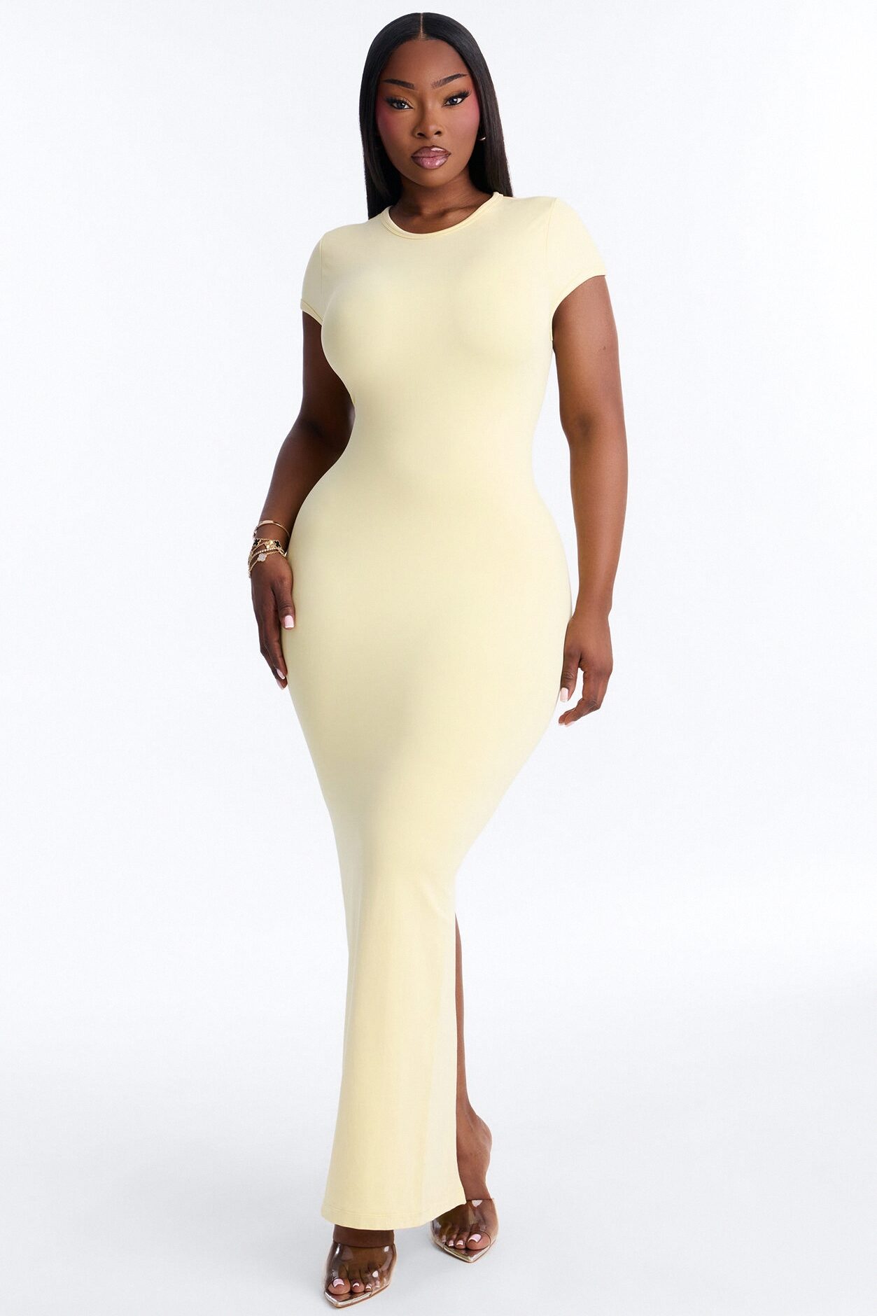 Seamless Smooth Double Lined Cap Sleeve Maxi Dress - Butter Yellow