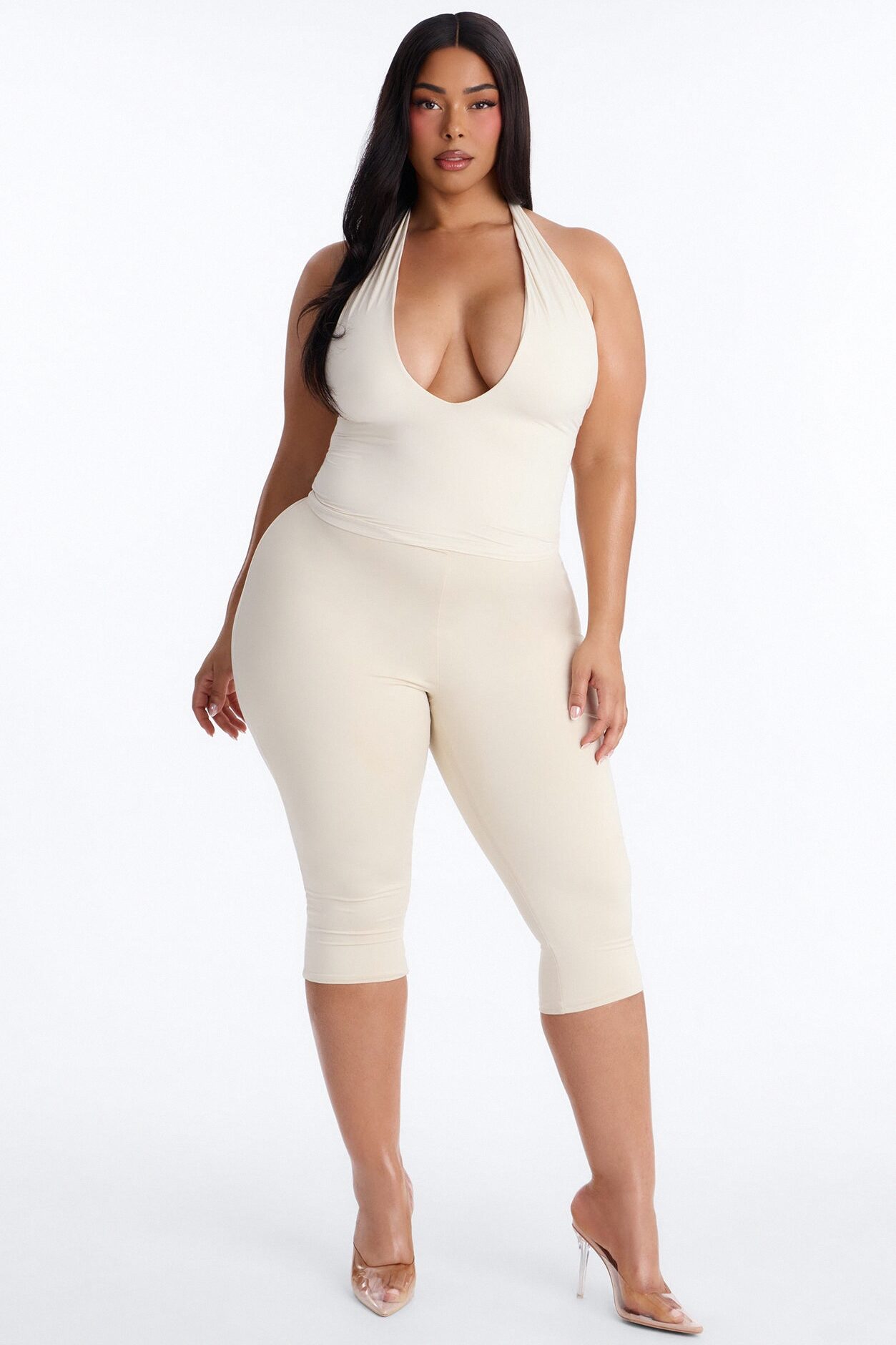 Second Skin Double Lined Deep V-Neck Halter Top - Bone