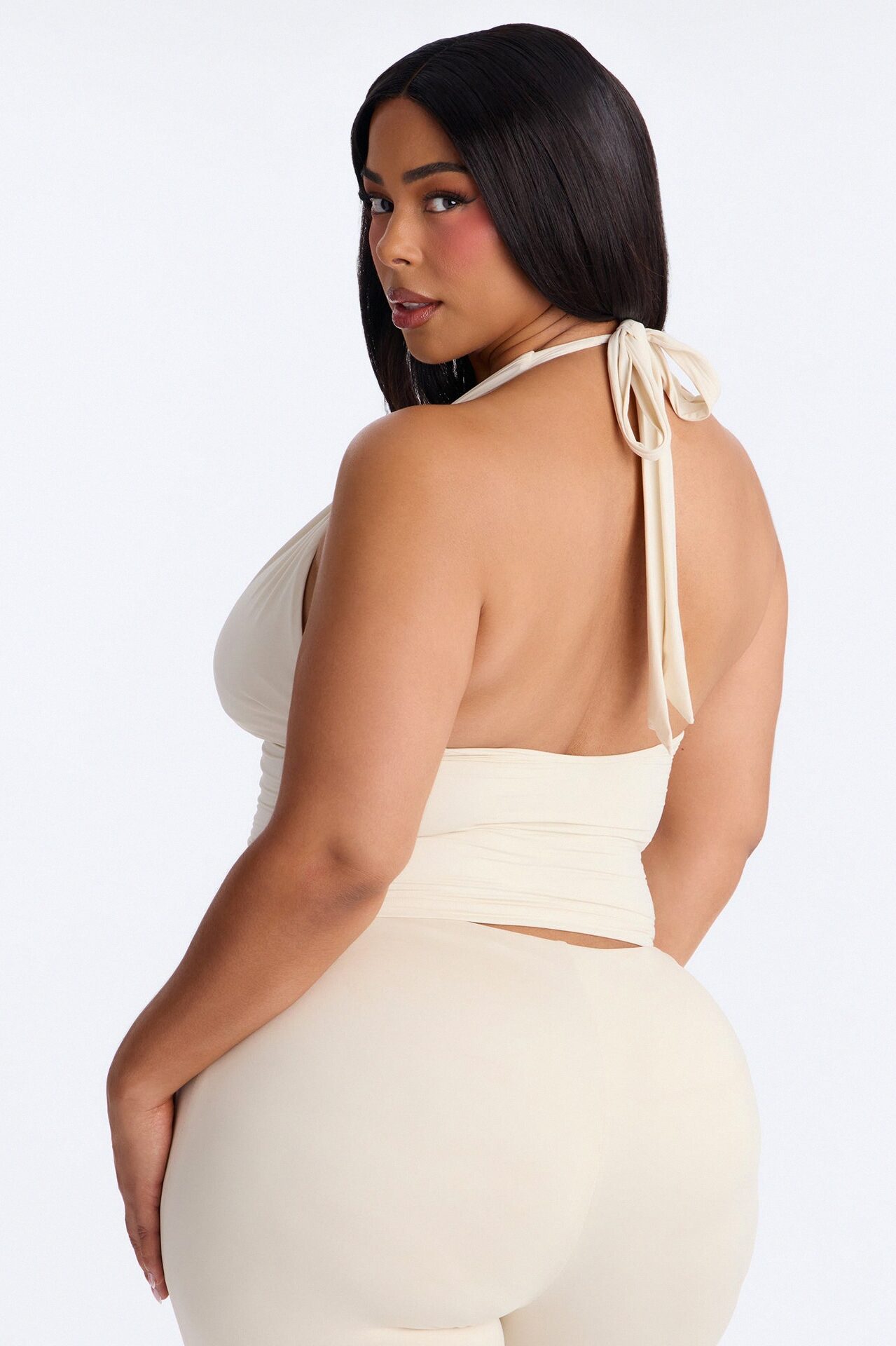 Second Skin Double Lined Deep V-Neck Halter Top - Bone