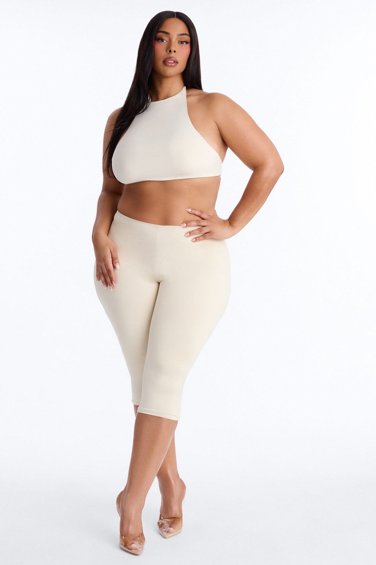 Second Skin Padded Backless Mock Neck Halter Top - Bone