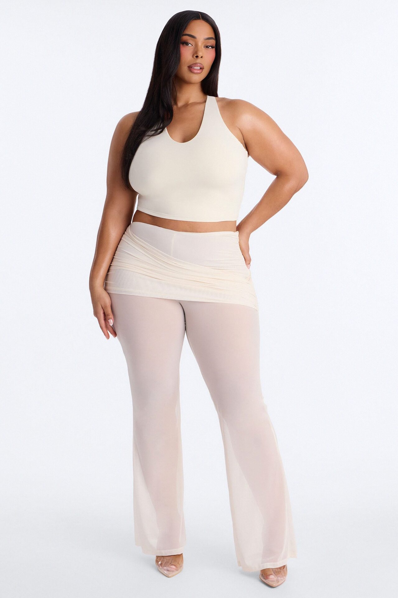 Power Mesh Foldover Ruched Flare Pant - Bone