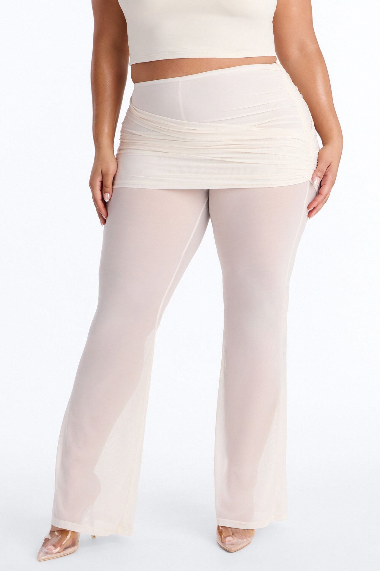 Power Mesh Foldover Ruched Flare Pant - Bone