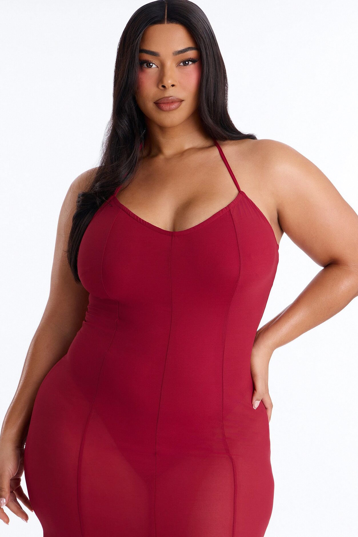 Power Mesh V Neck Halter Maxi Dress - DarkRed