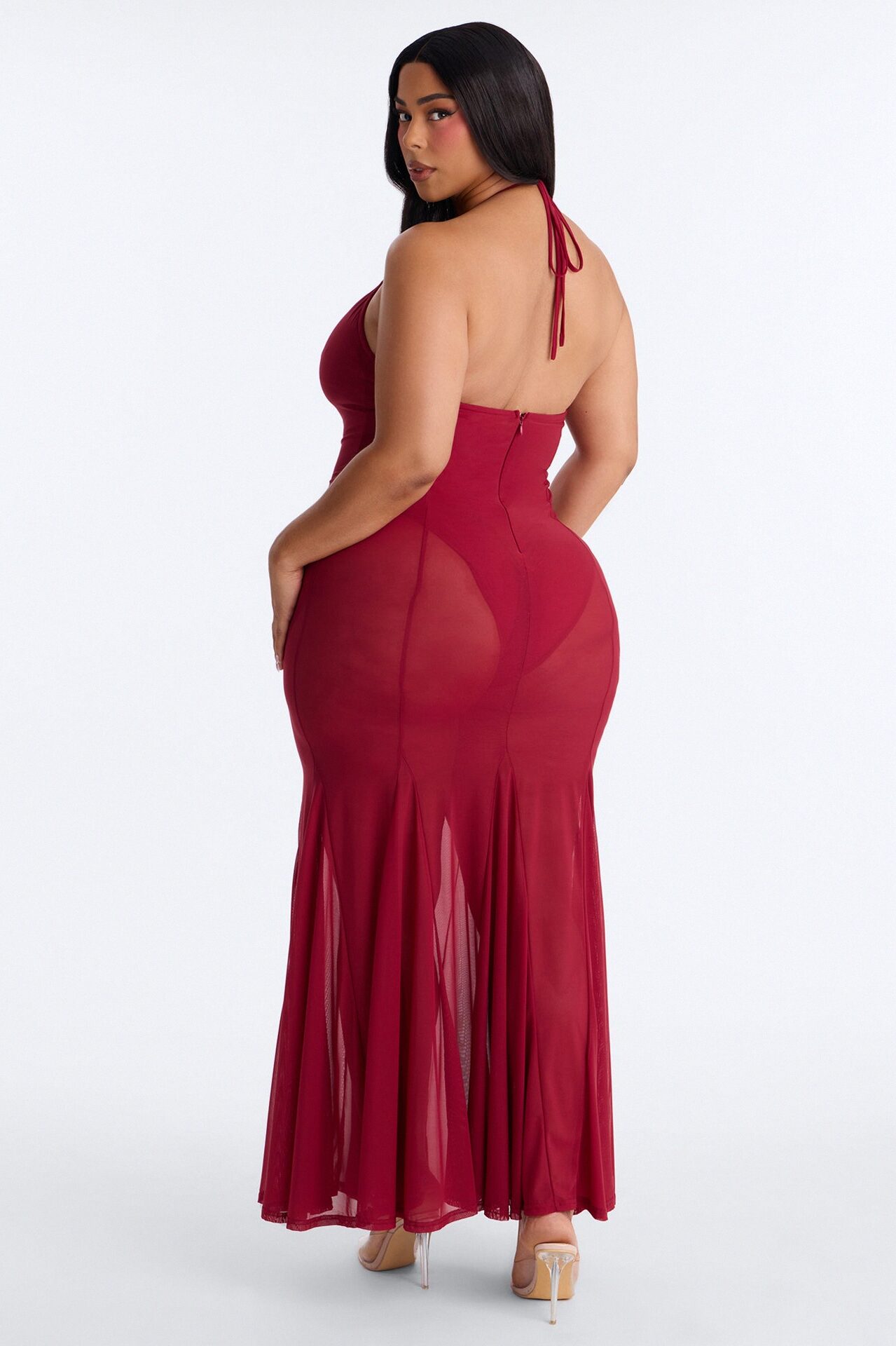 Power Mesh V Neck Halter Maxi Dress - DarkRed