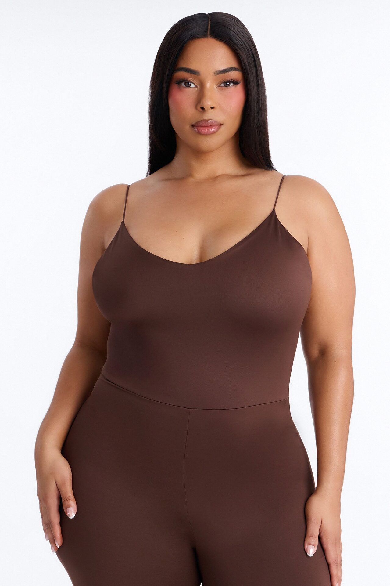 Contour Double Lined Spaghetti Strap Scoop Neck Jumpsuit - Chocolate