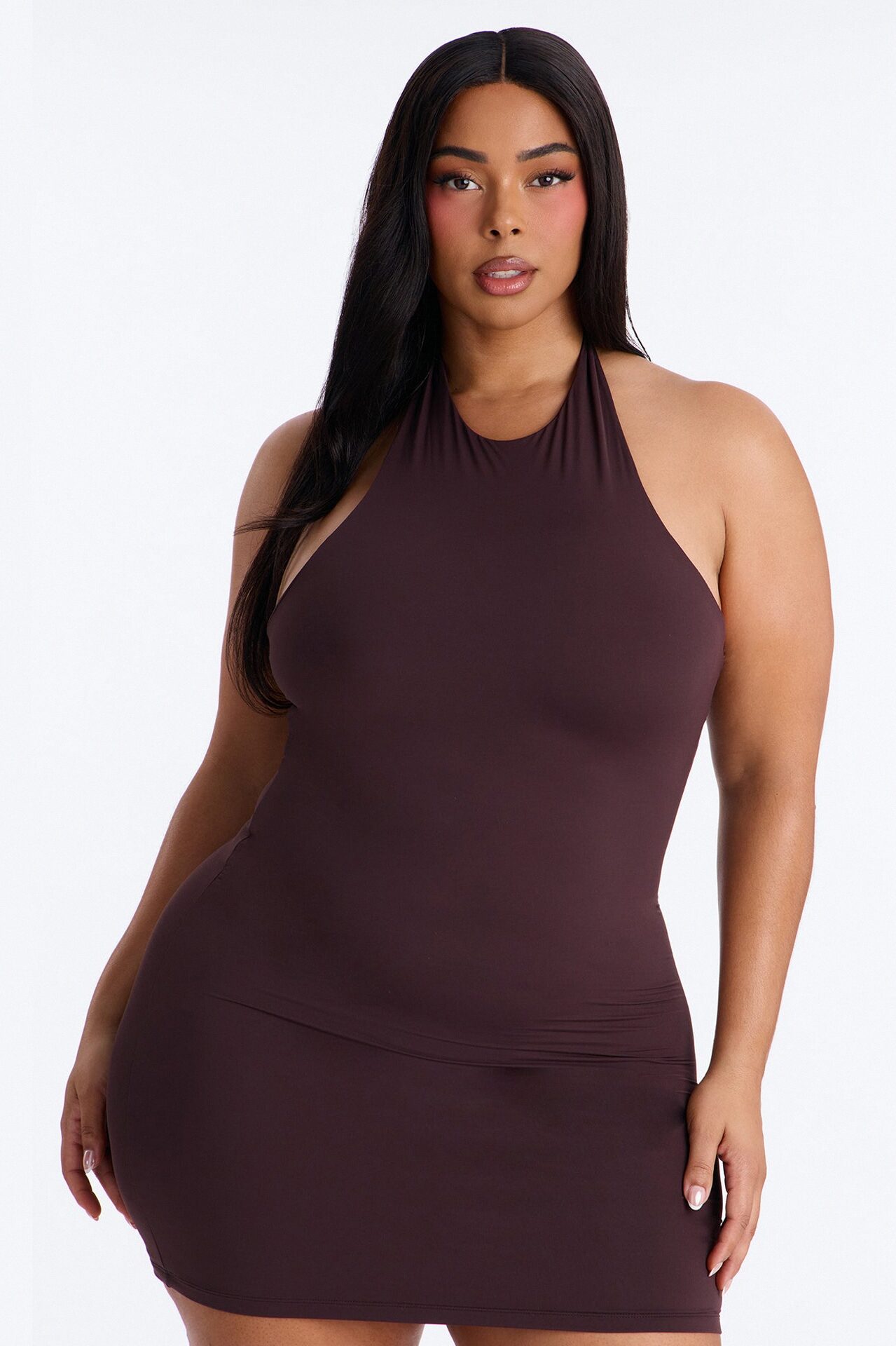 Second Skin Bra Pad Sleeveless Halter Mini Dress - Chocolate