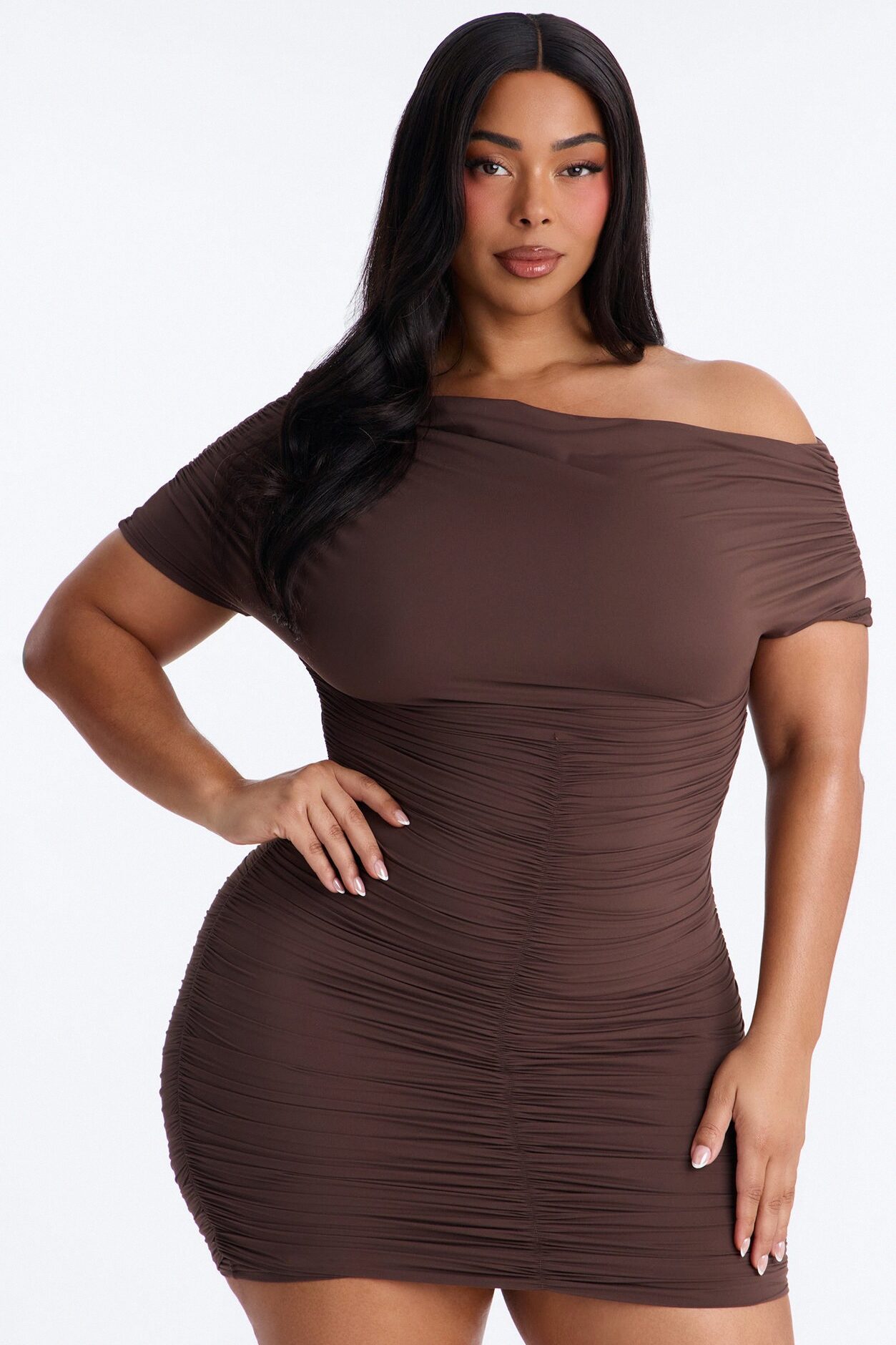 Second Skin Double Lined Off Shoulder Ruched Mini Dress - Chocolate