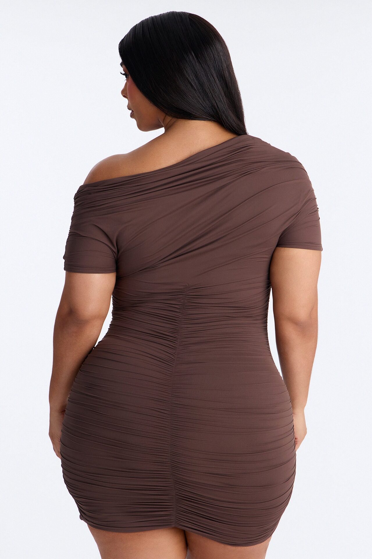 Second Skin Double Lined Off Shoulder Ruched Mini Dress - Chocolate
