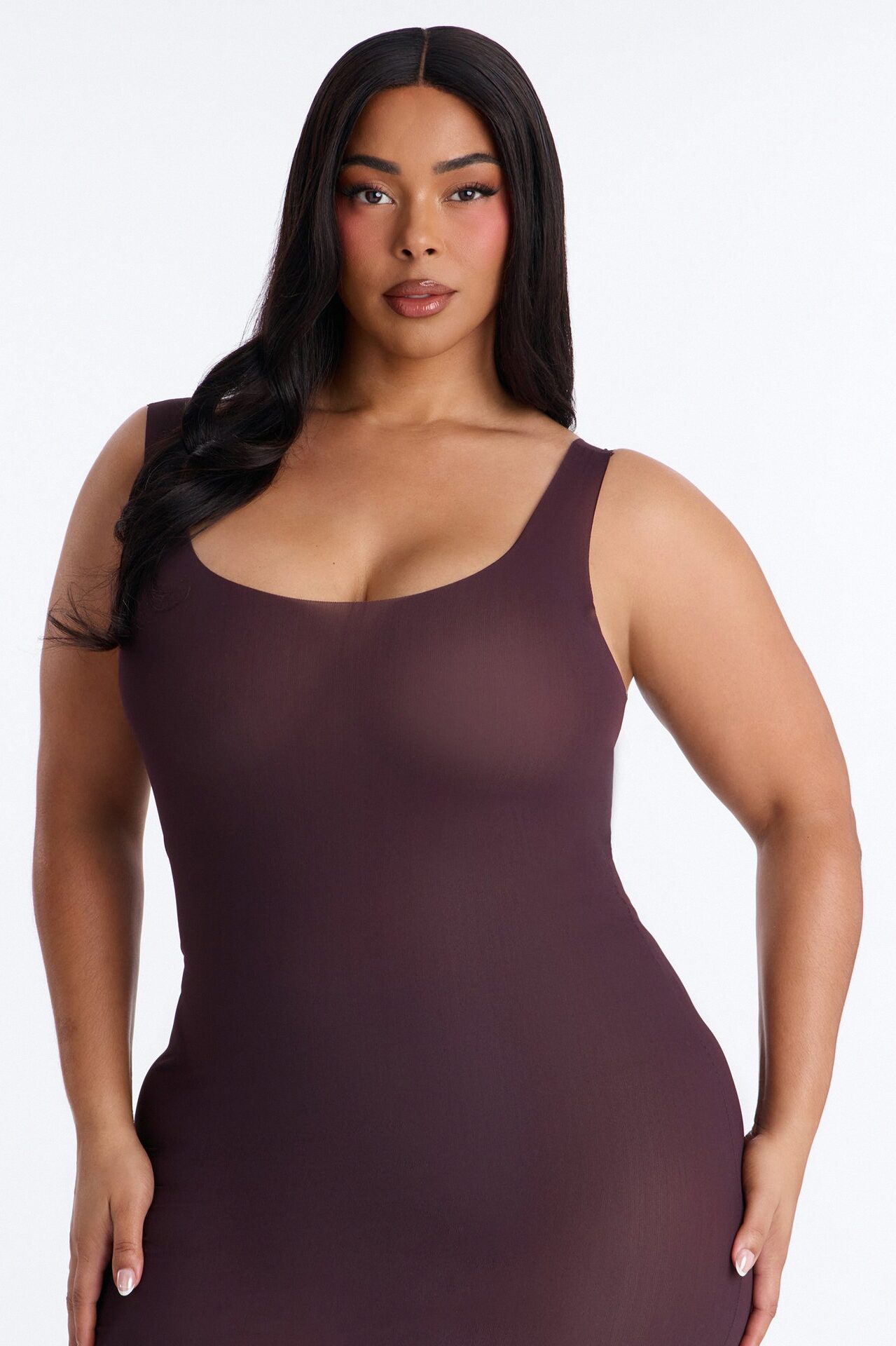 Power Mesh Low Scoop Back Sleeveless Maxi Dress - Chocolate