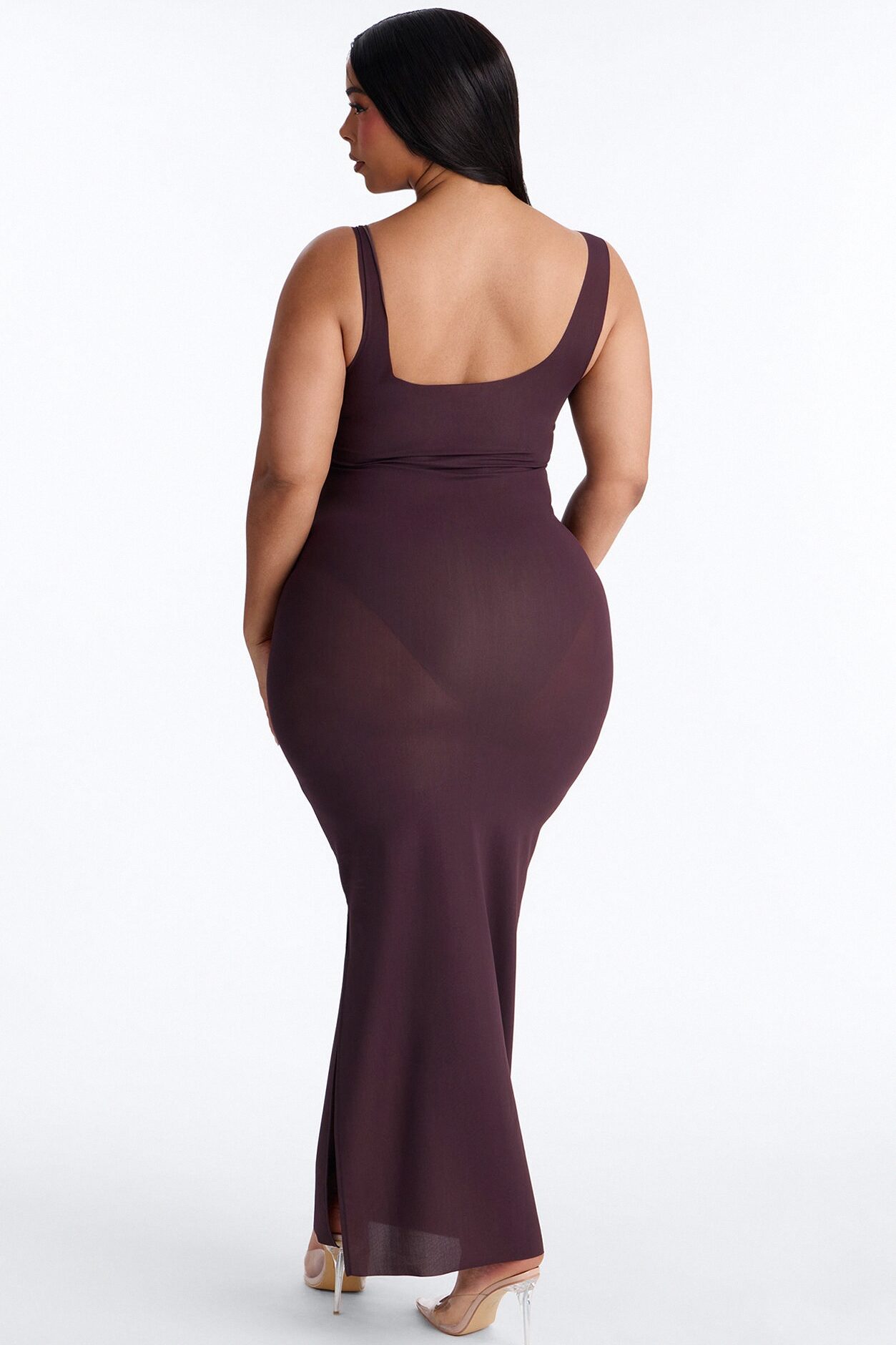 Power Mesh Low Scoop Back Sleeveless Maxi Dress - Chocolate