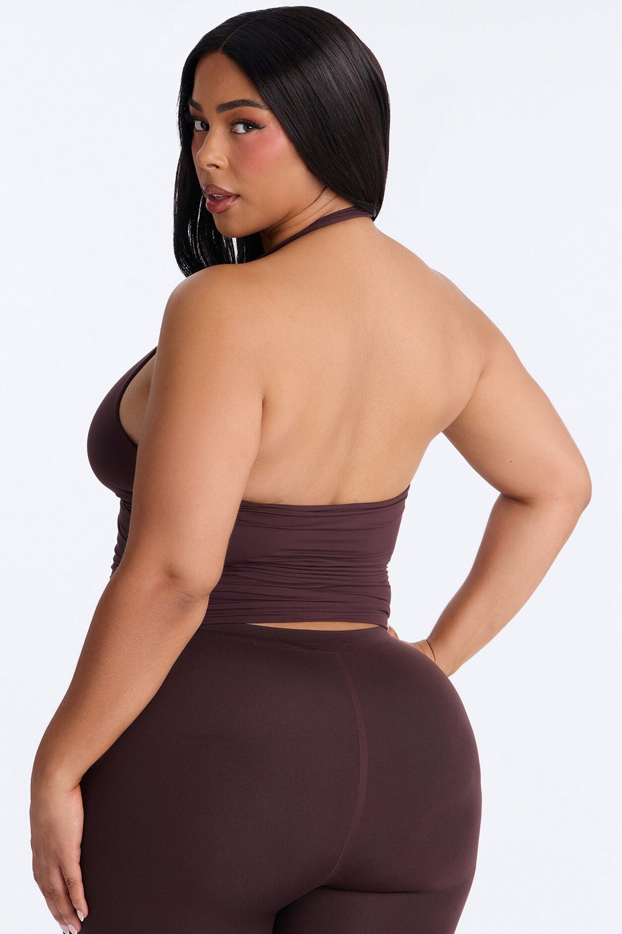 Second Skin Double Lined Ruched V Wire Halter Top - Chocolate