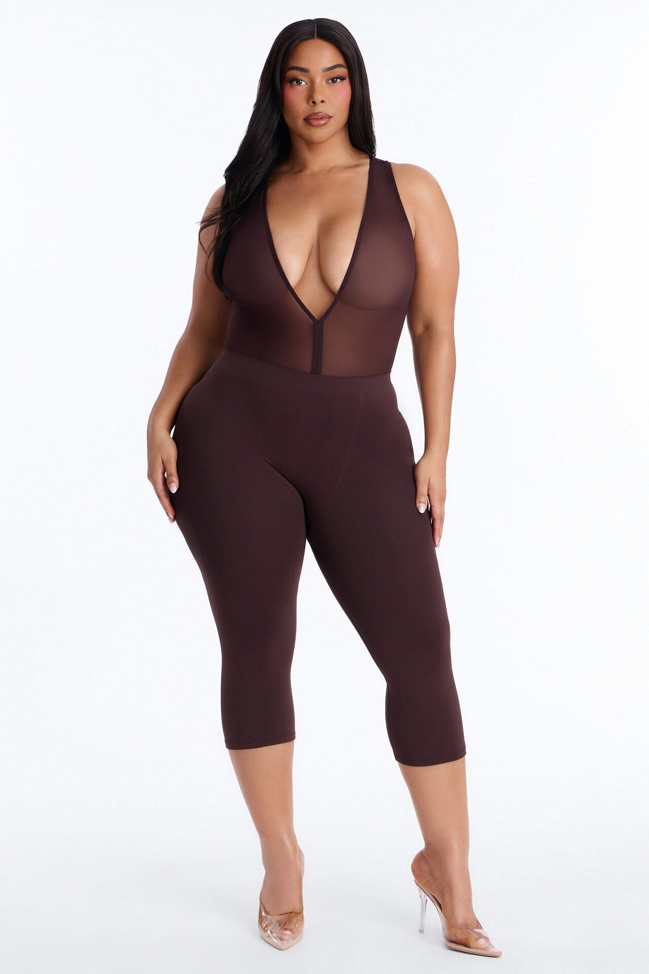 Power Mesh Deep V Neck Sleeveless Bodysuit - Chocolate