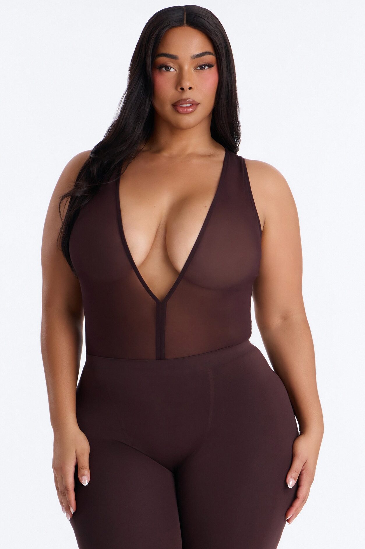 Power Mesh Deep V Neck Sleeveless Bodysuit - Chocolate