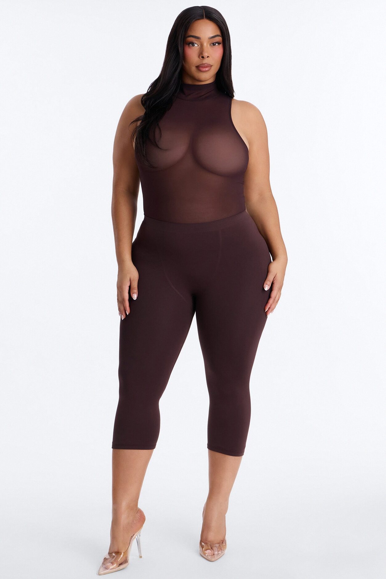 Power Mesh Turtle Neck Sleeveless Bodysuit - Chocolate