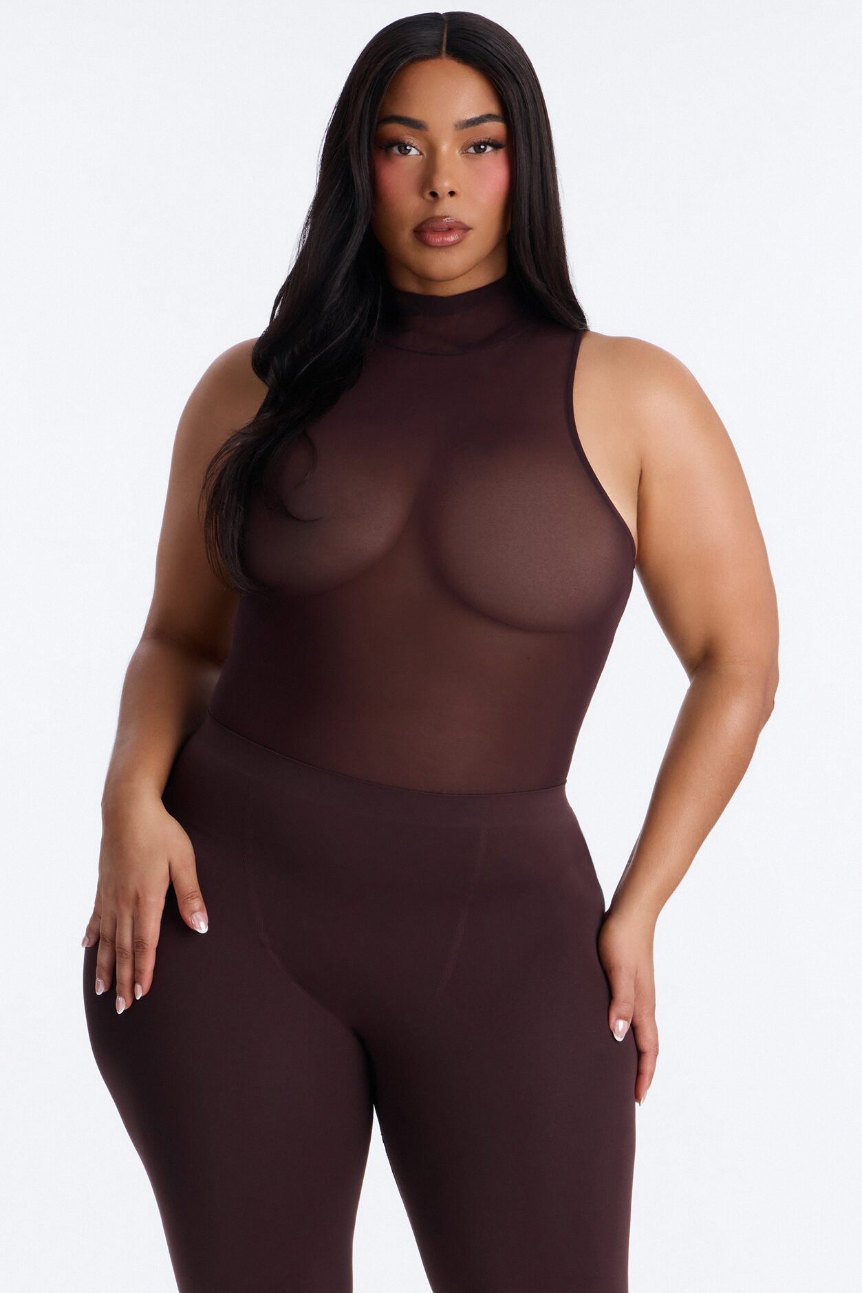 Power Mesh Turtle Neck Sleeveless Bodysuit - Chocolate