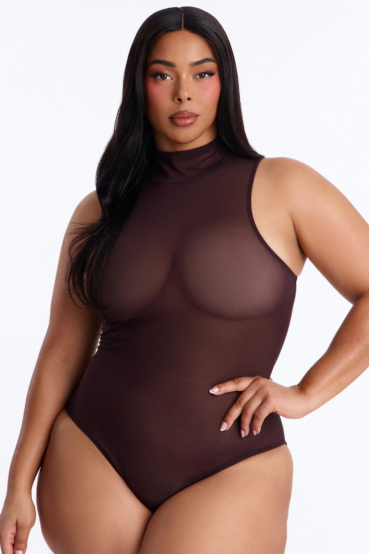 Power Mesh Turtle Neck Sleeveless Bodysuit - Chocolate