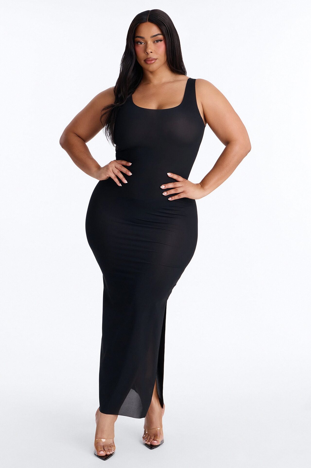 Power Mesh Low Scoop Back Sleeveless Maxi Dress - Black