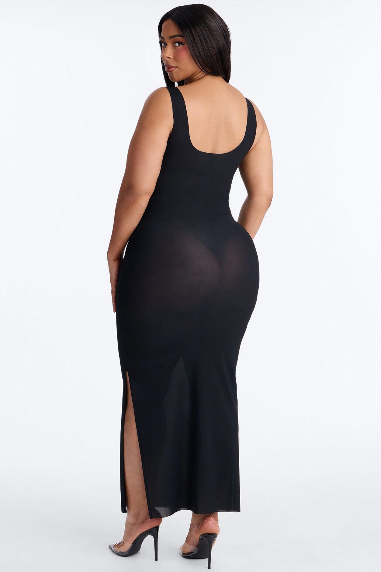 Power Mesh Low Scoop Back Sleeveless Maxi Dress - Black