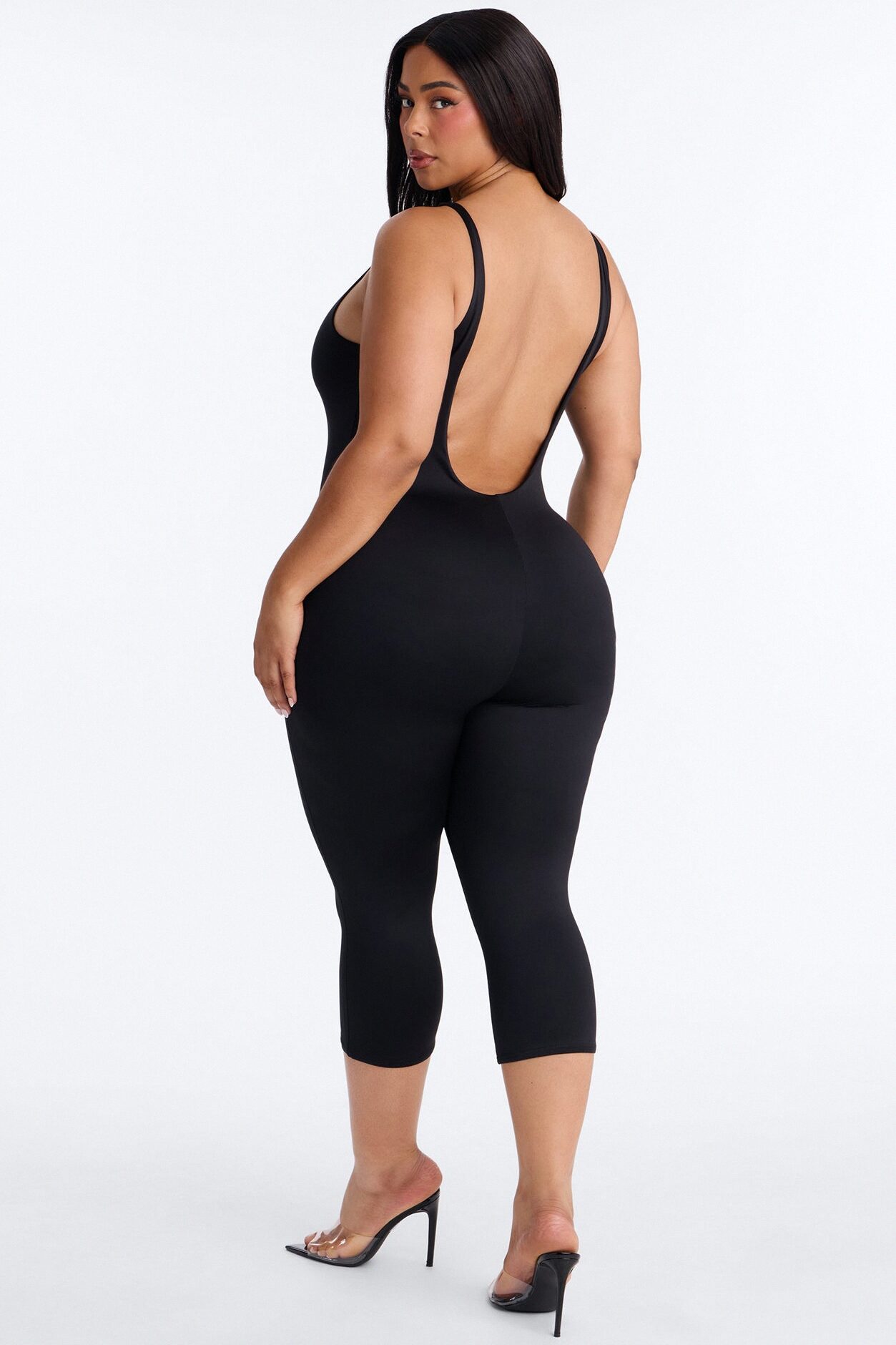 Contour Double Lined Low Back Capri Jumpsuit - Black
