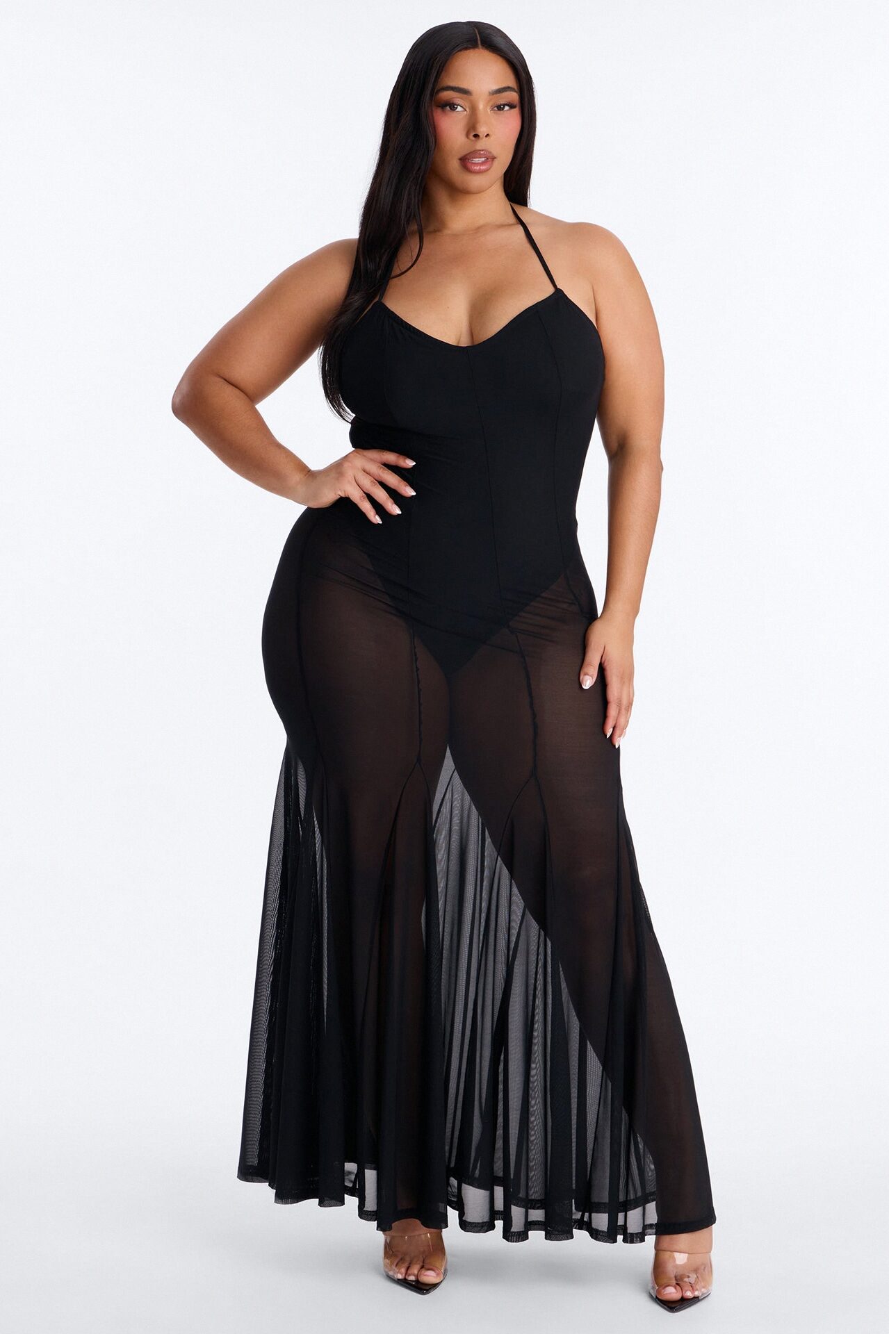 Power Mesh V Neck Halter Maxi Dress - Black