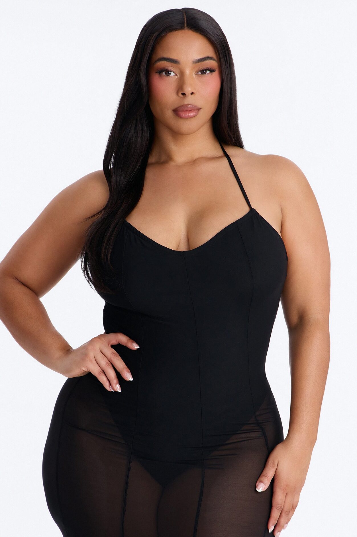 Power Mesh V Neck Halter Maxi Dress - Black
