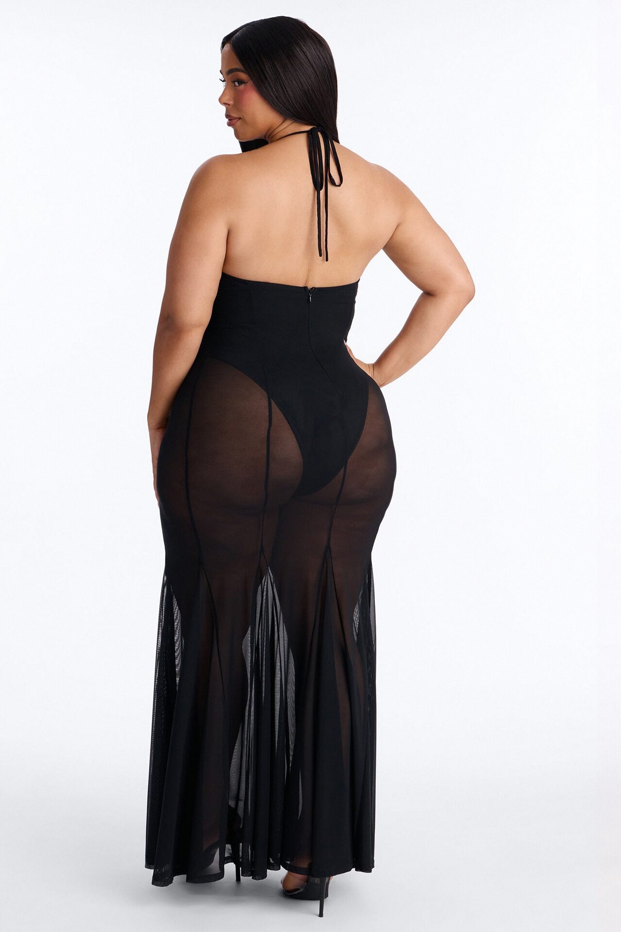 Power Mesh V Neck Halter Maxi Dress - Black