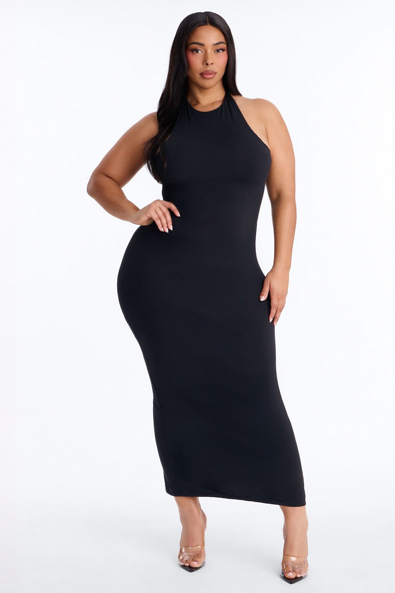 Second Skin Bra Pad Sleeveless Halter Maxi Dress - Black