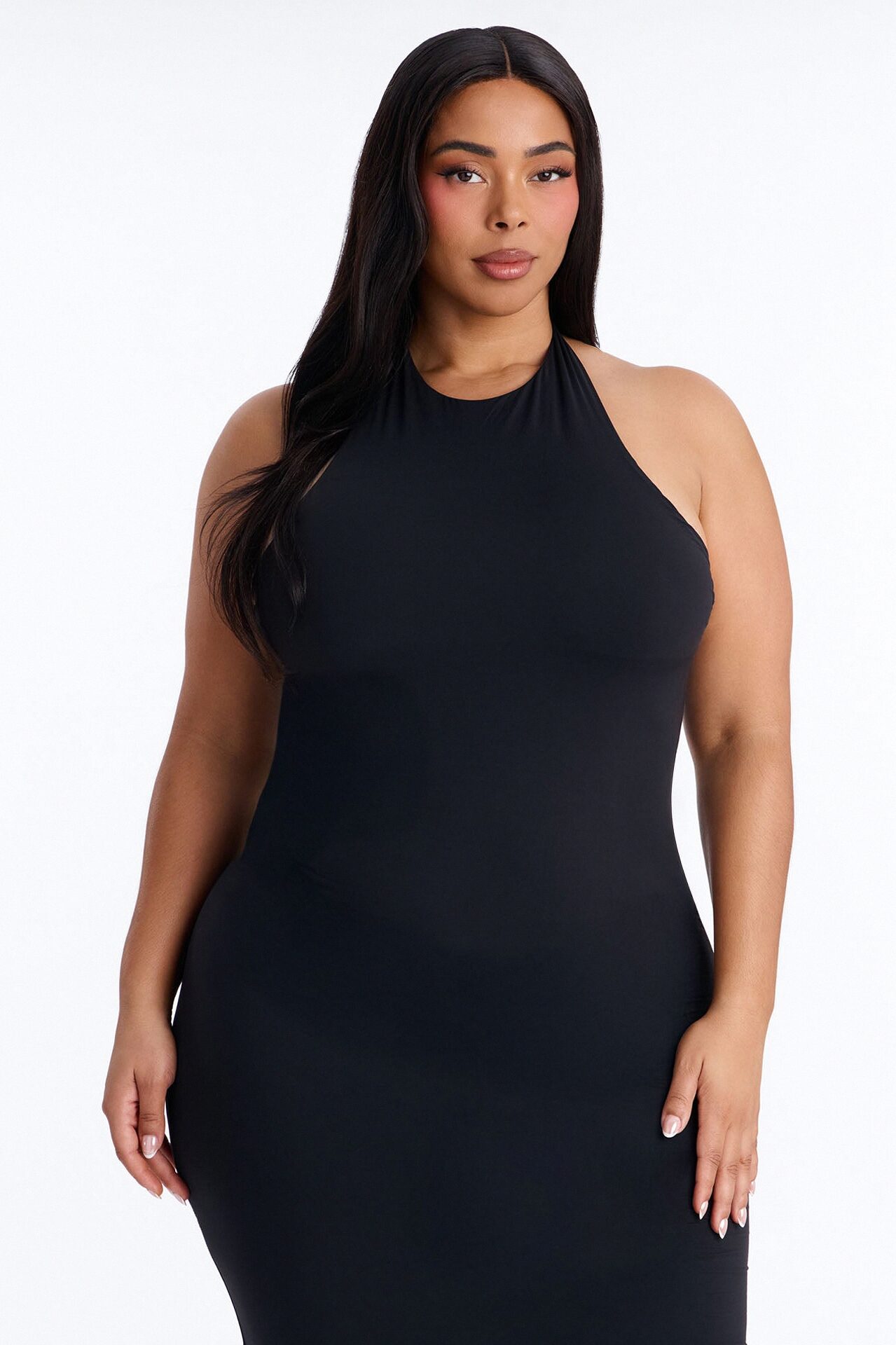 Second Skin Bra Pad Sleeveless Halter Maxi Dress - Black