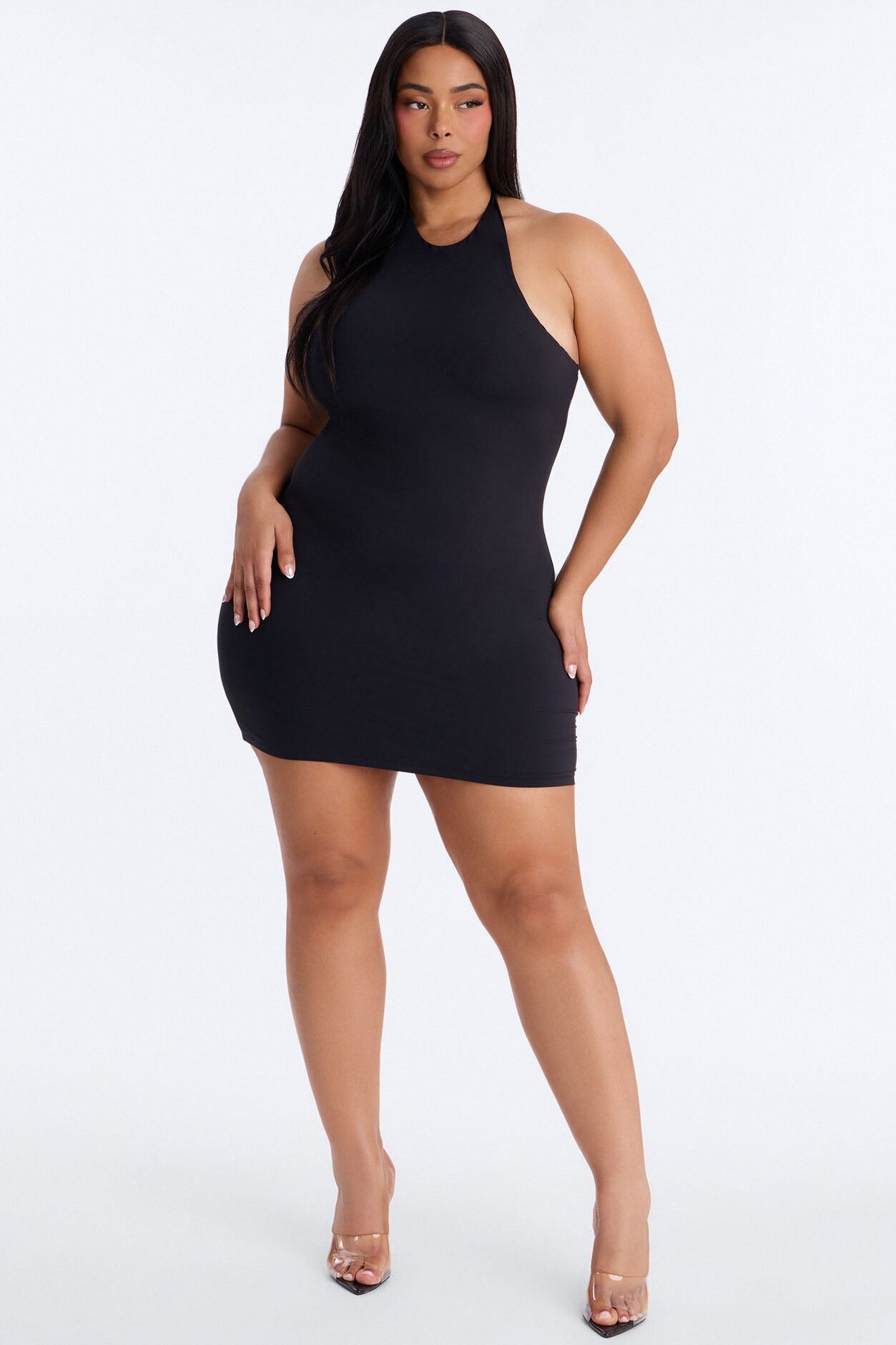 Second Skin Bra Pad Sleeveless Halter Mini Dress - Black