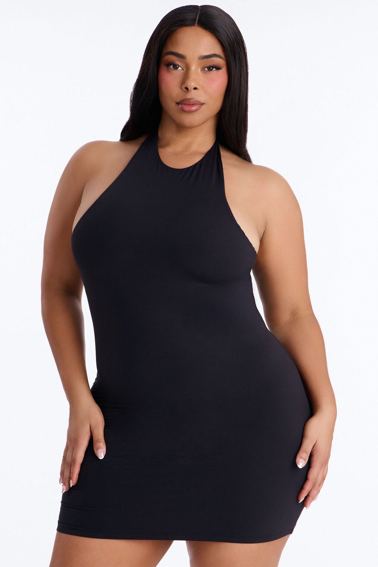Second Skin Bra Pad Sleeveless Halter Mini Dress - Black