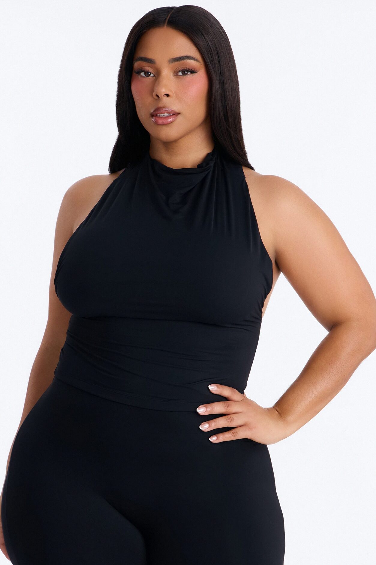 Second Skin Double Lined Mock Neck Racerback Top - Black