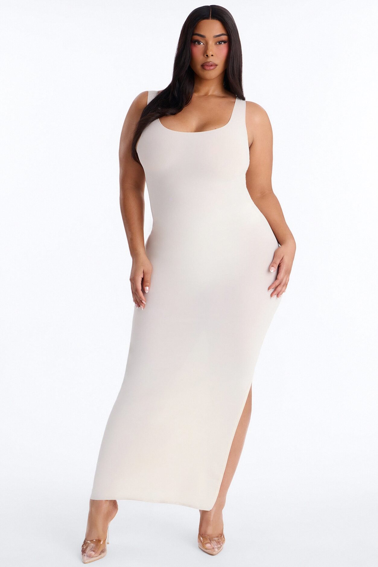 Power Mesh Low Scoop Back Sleeveless Maxi Dress - Bone