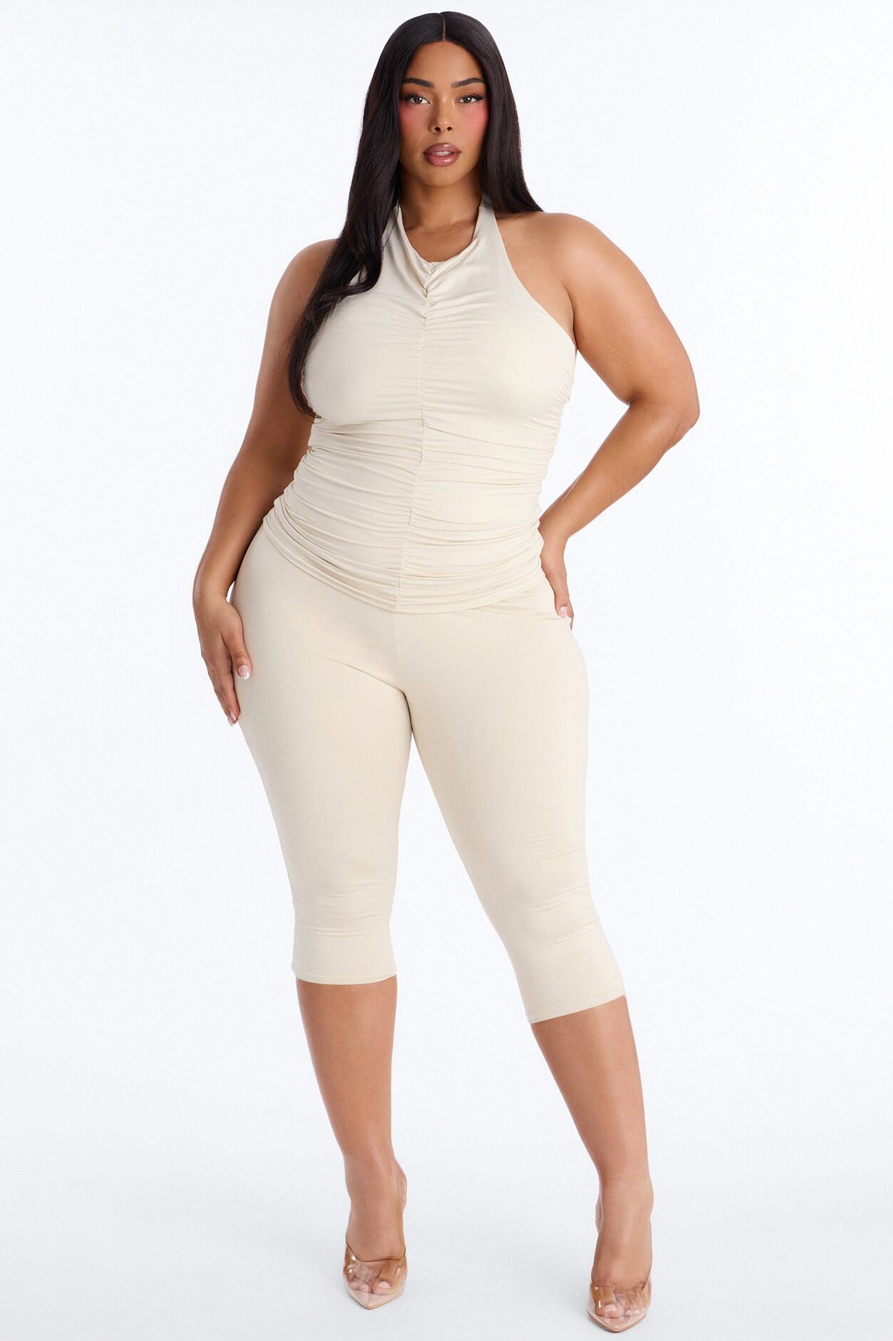 Contour Double Lined Ruched Backless Halter Top - Bone