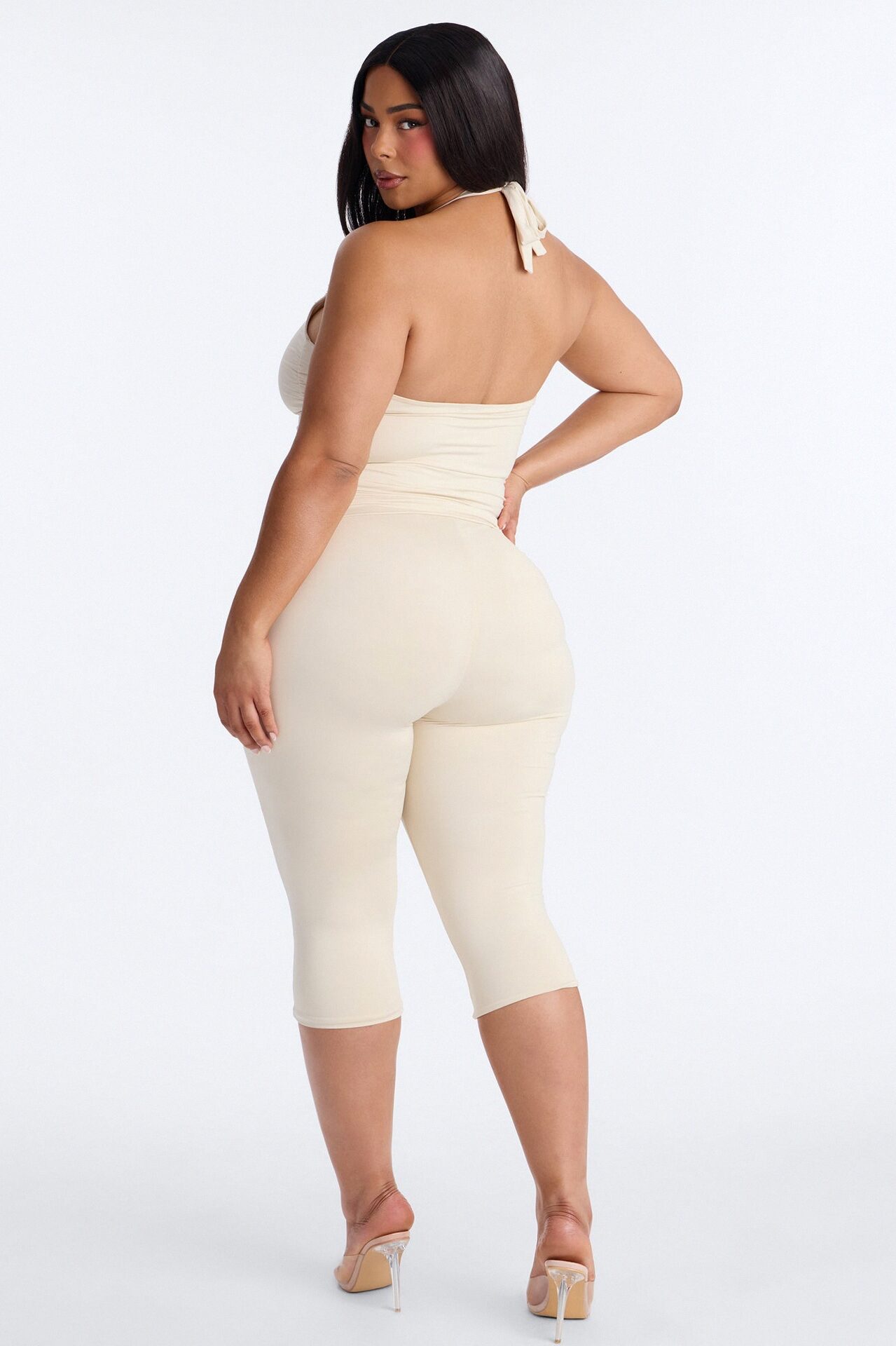 Contour Double Lined Ruched Backless Halter Top - Bone