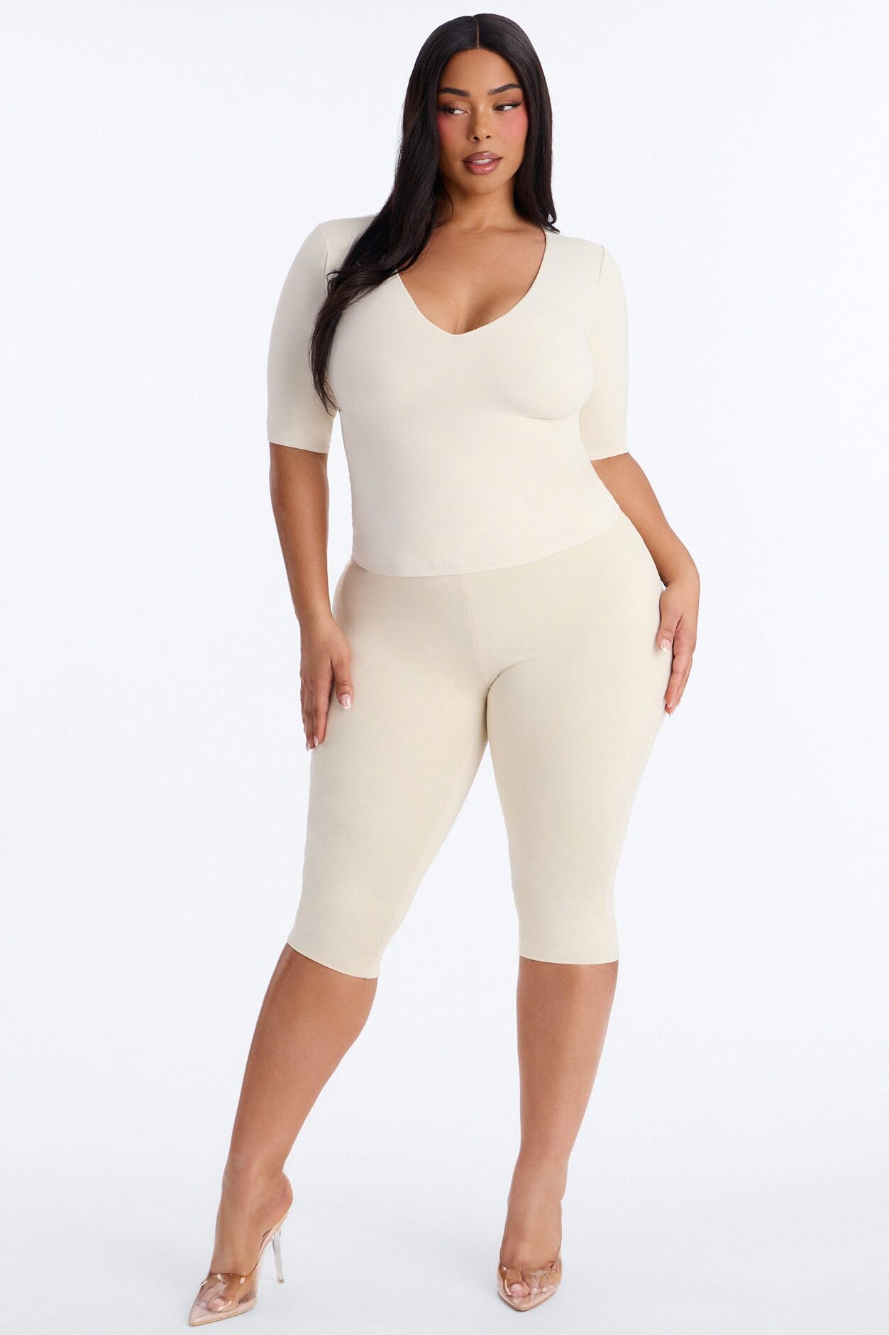 Second Skin Deep U Neck Elbow Sleeve Top - Bone