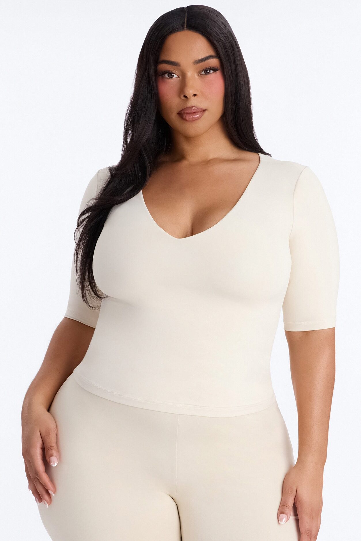 Second Skin Deep U Neck Elbow Sleeve Top - Bone