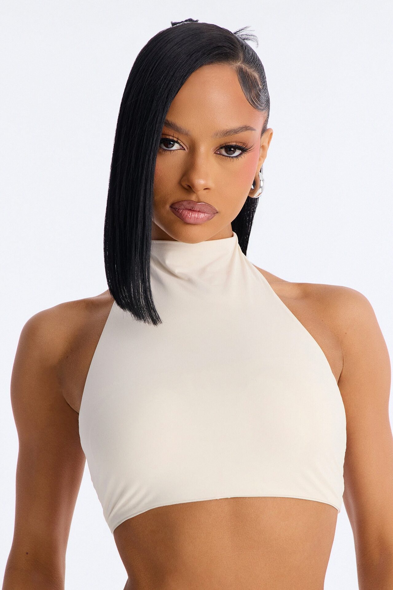 Second Skin Padded Backless Mock Neck Halter Top - Bone
