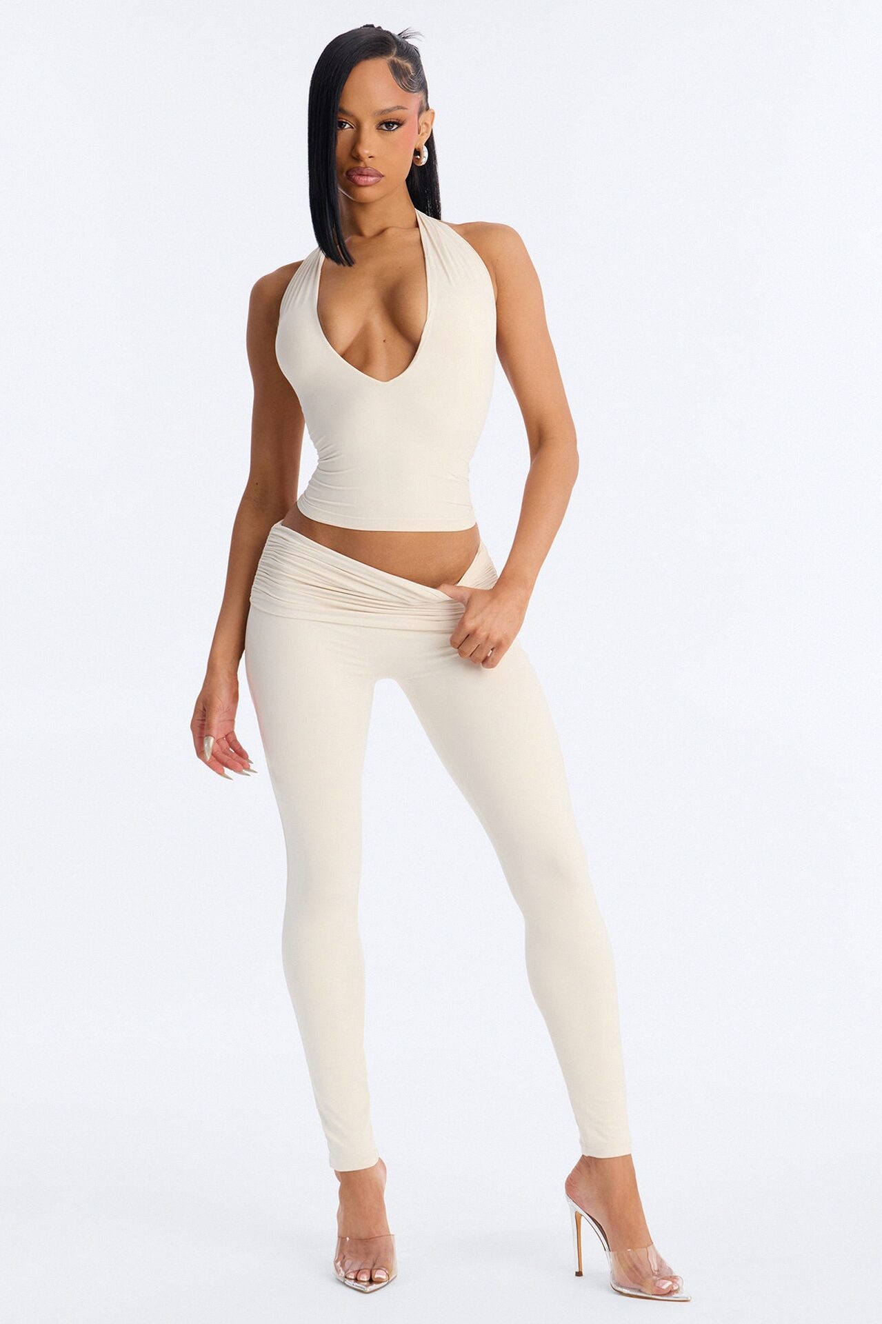 Second Skin Double Lined Deep V-Neck Halter Top - Bone