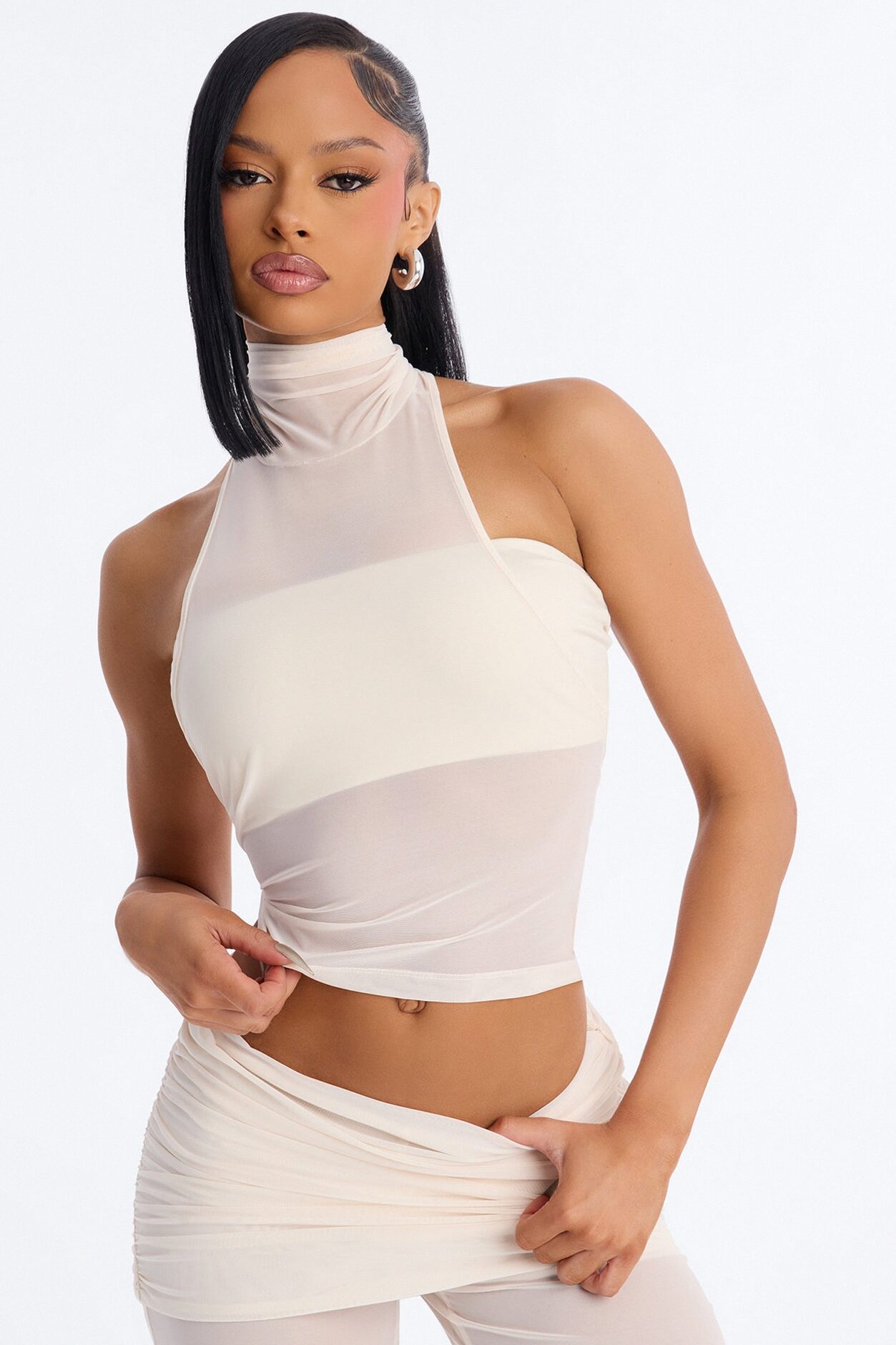 Power Mesh High Neck Thin Racerback Sleeveless Top - Bone