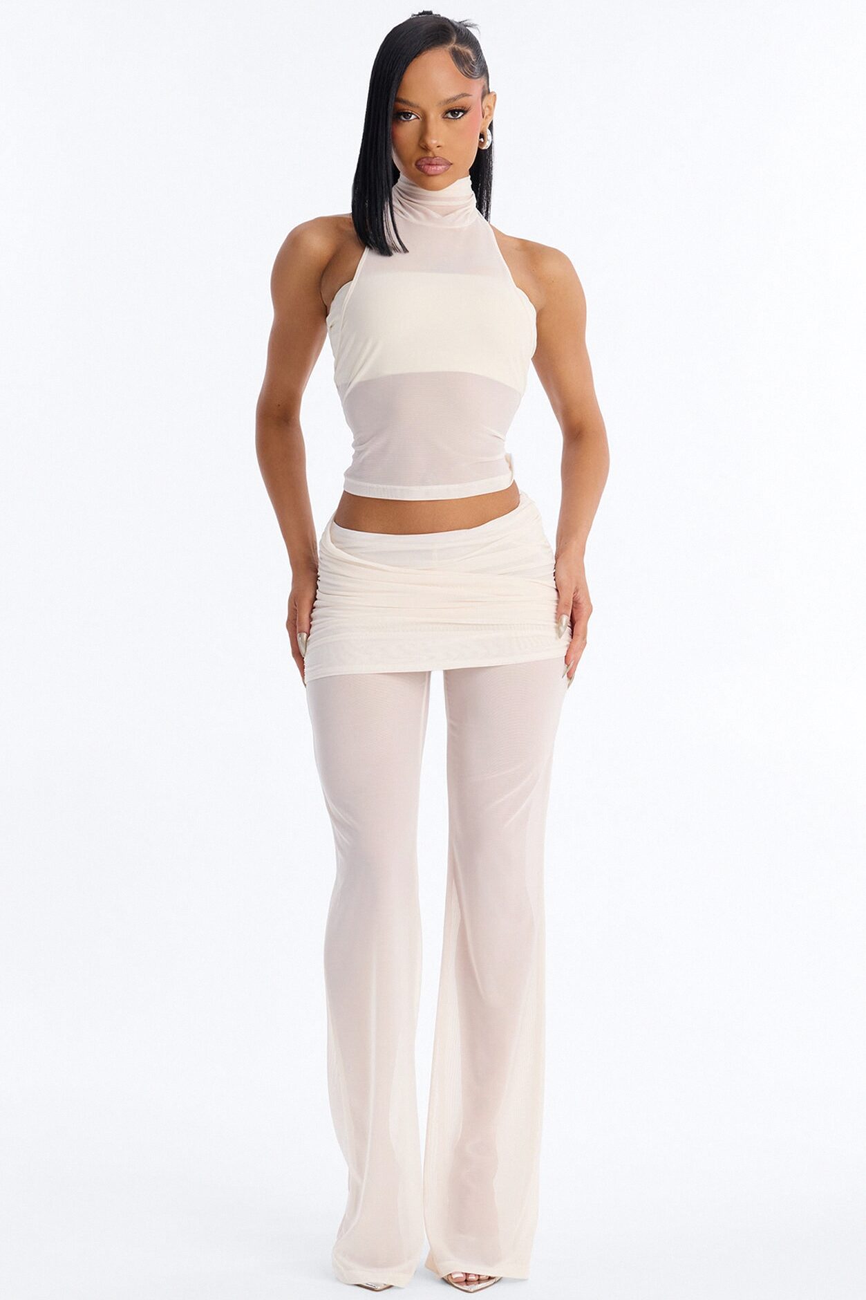 Power Mesh Foldover Ruched Flare Pant - Bone