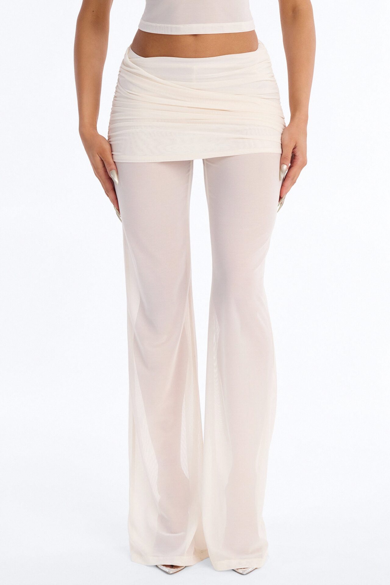 Power Mesh Foldover Ruched Flare Pant - Bone