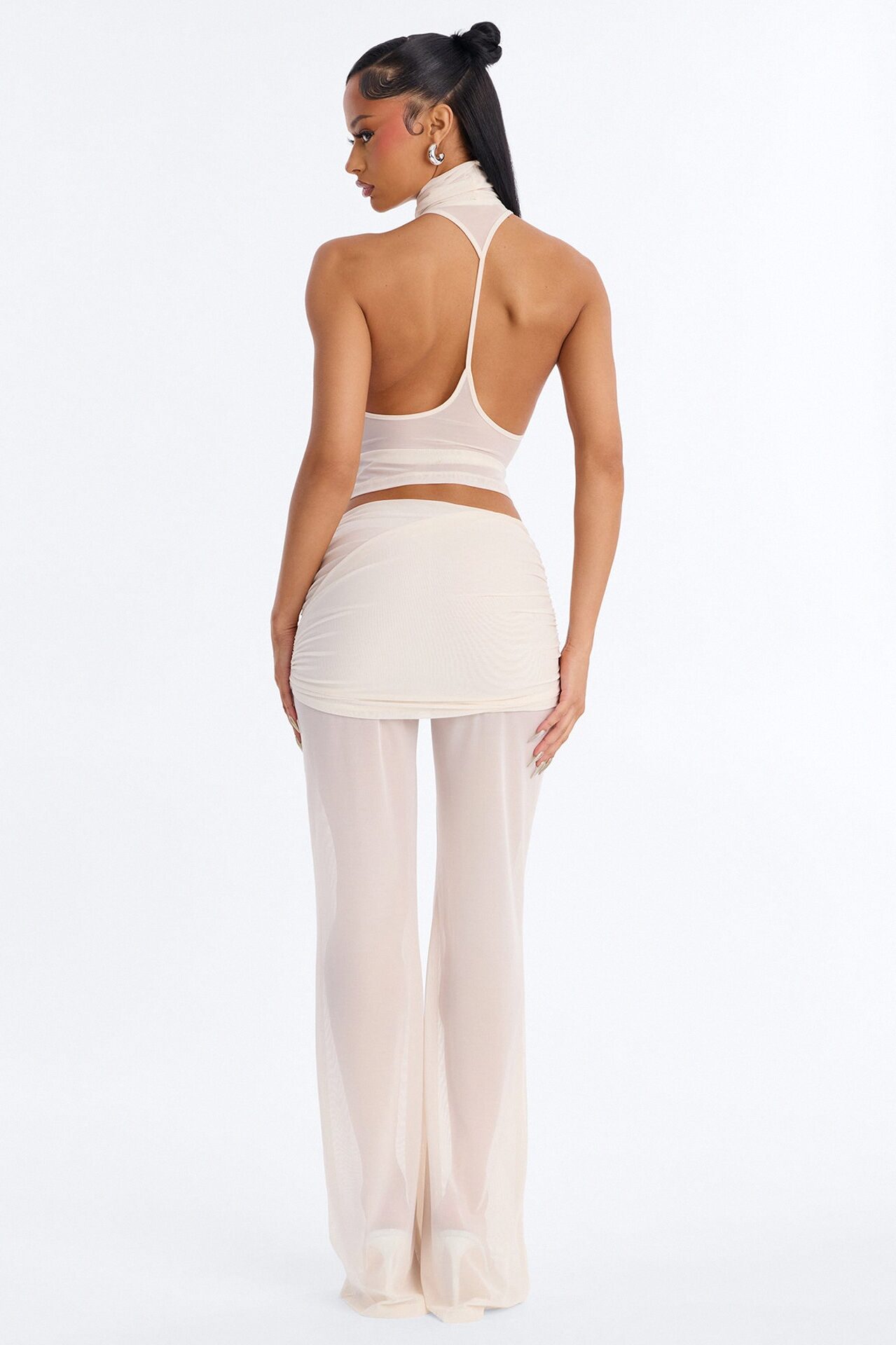 Power Mesh Foldover Ruched Flare Pant - Bone