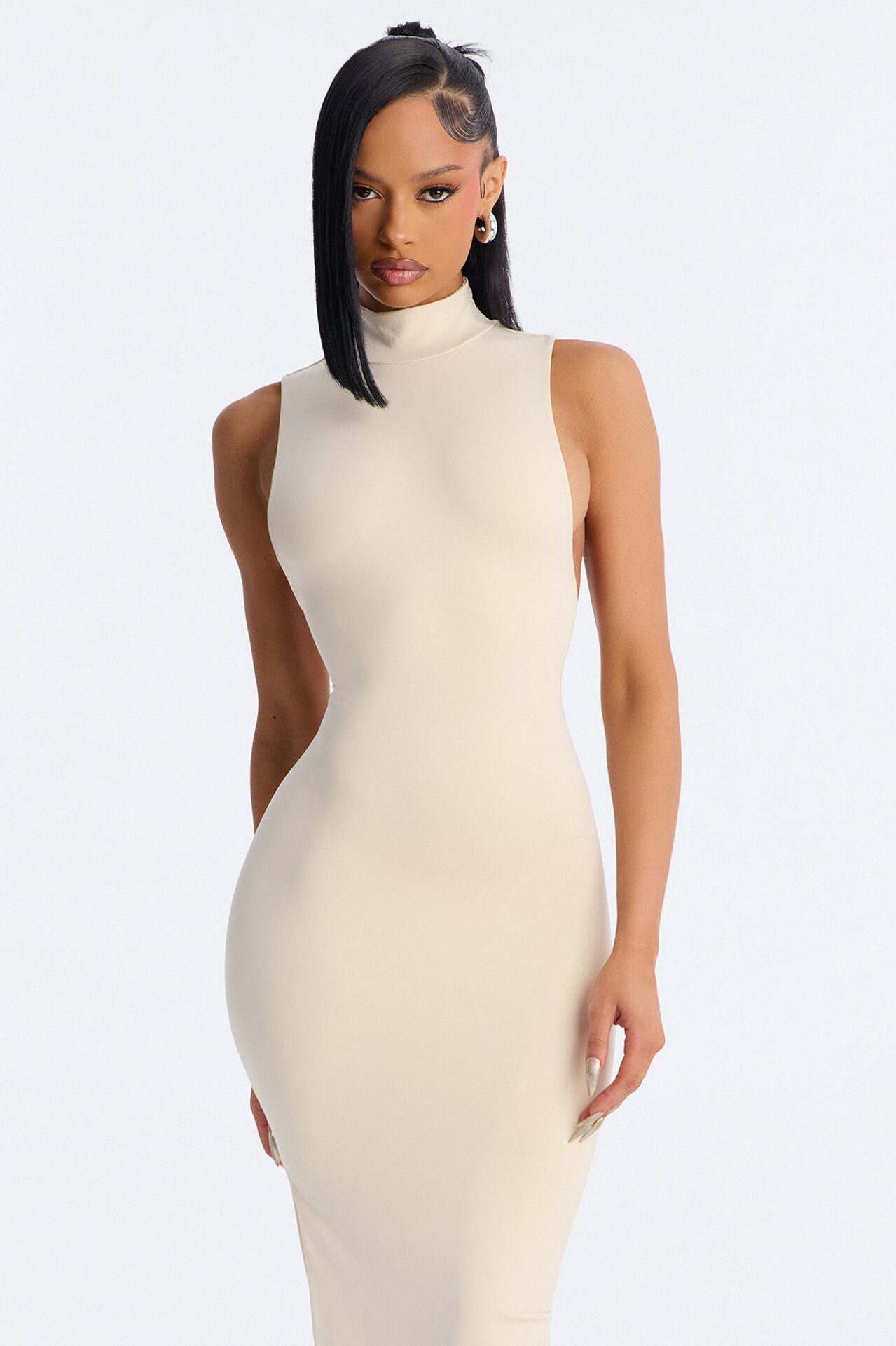 Seamless Smooth Double Lined High Neck Sleeveless Maxi Dress - Bone