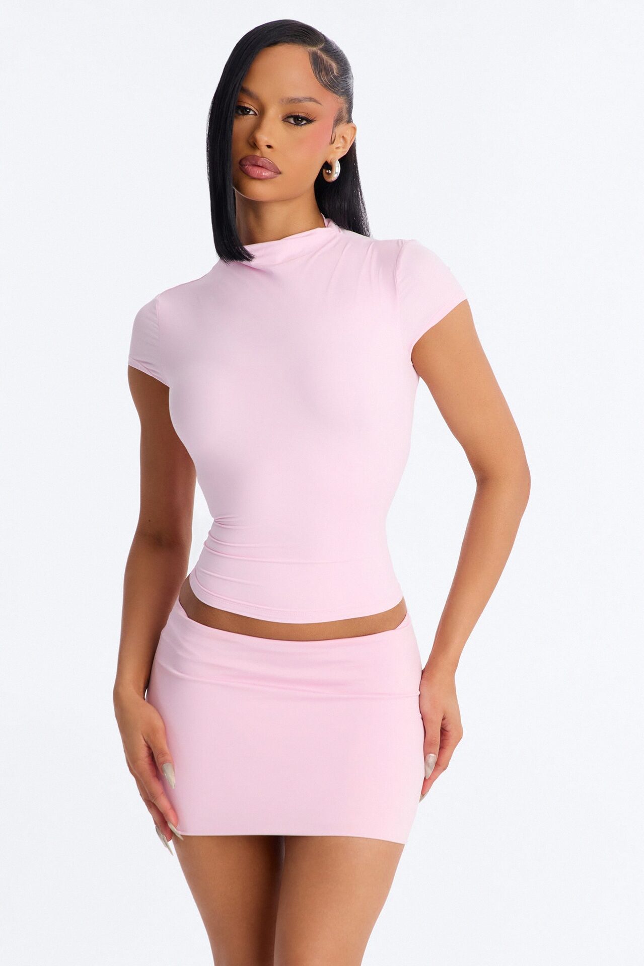Second Skin Double Lined Mock Neck Short Sleeve Top - Light Pink