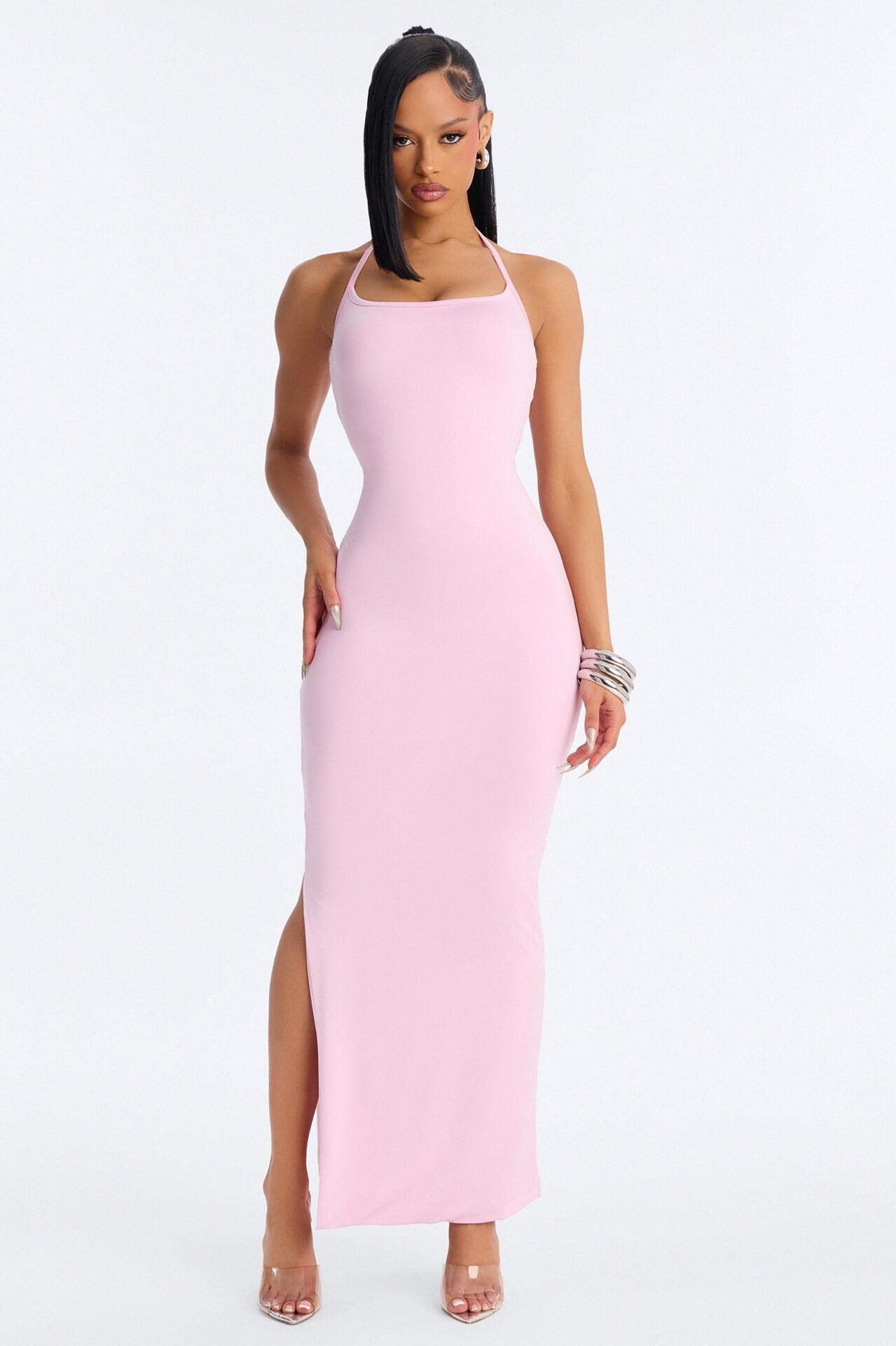 Contour Double Lined Halter Maxi Dress - Light Pink
