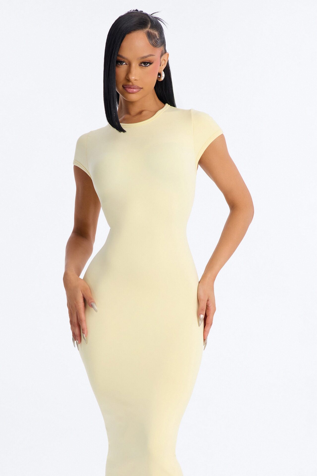 Seamless Smooth Double Lined Cap Sleeve Maxi Dress - Butter Yellow